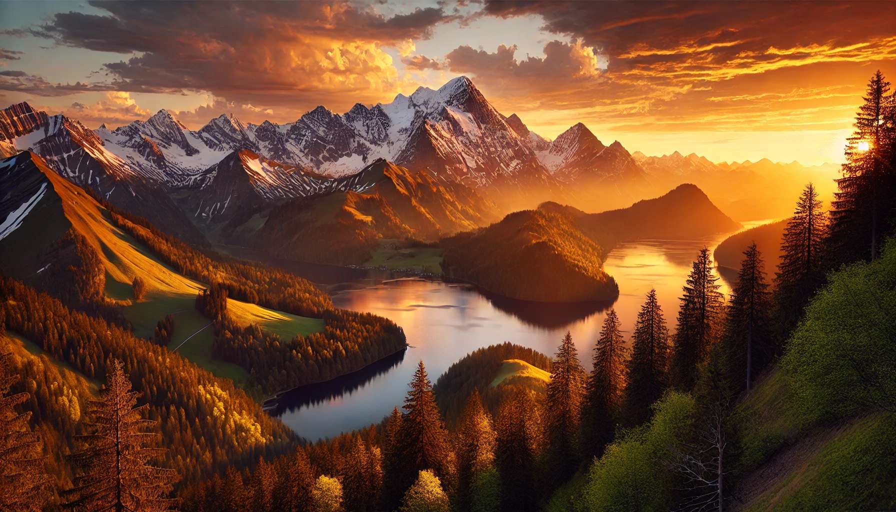 A panoramic view of a mountain range during sunset, with golden and orange hues illuminating the sky.