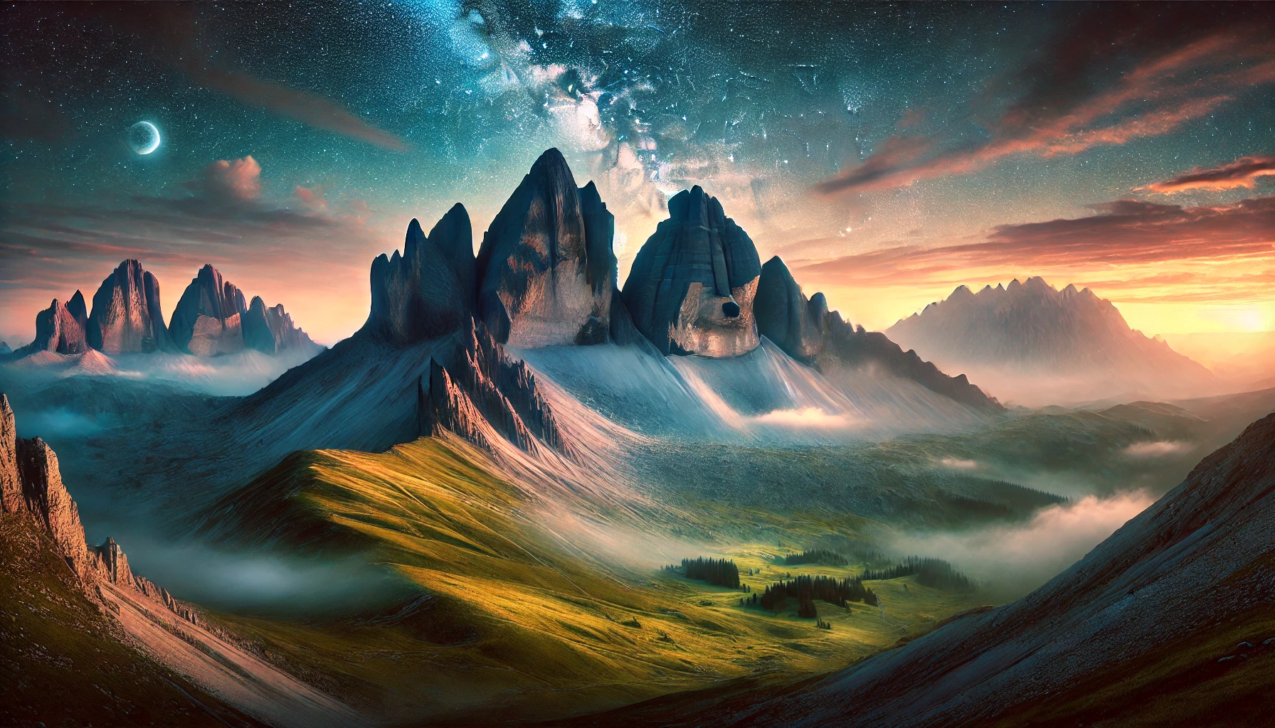 A panoramic view of ancient, majestic mountains under a glowing sky transitioning from twilight to dawn.