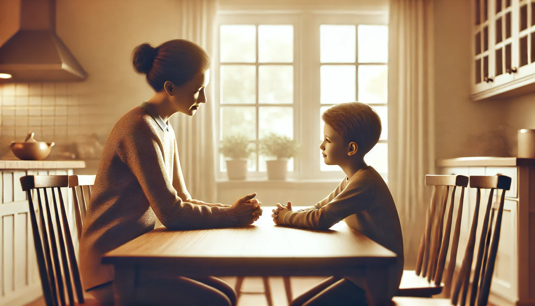 A parent and child having a heartfelt conversation at the kitchen table.