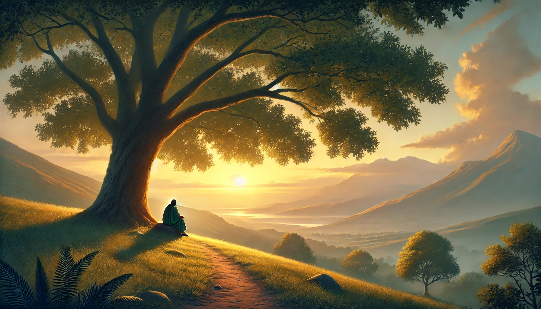 A peaceful scene illustrating rest and renewal_ a gentle hillside with a large, shady tree beside a quiet path. Under the tree, a weary traveler sits