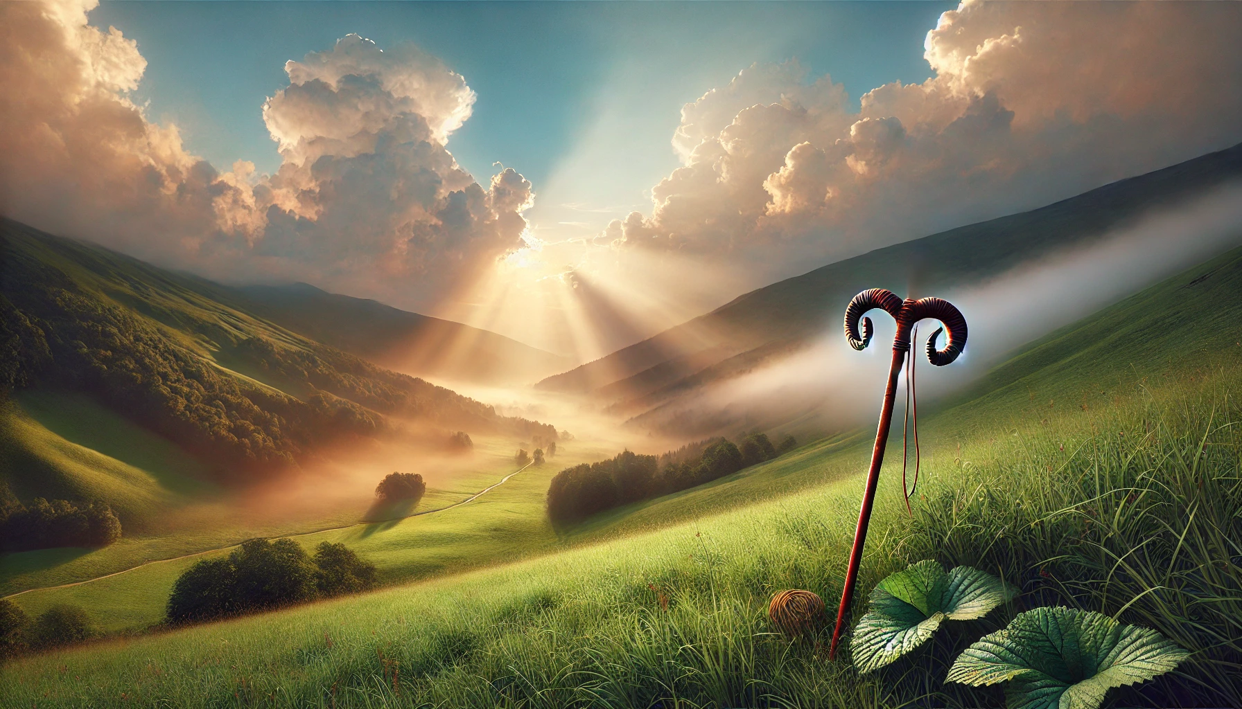A peaceful valley at dawn with a shepherd's staff and rod on green pastures.