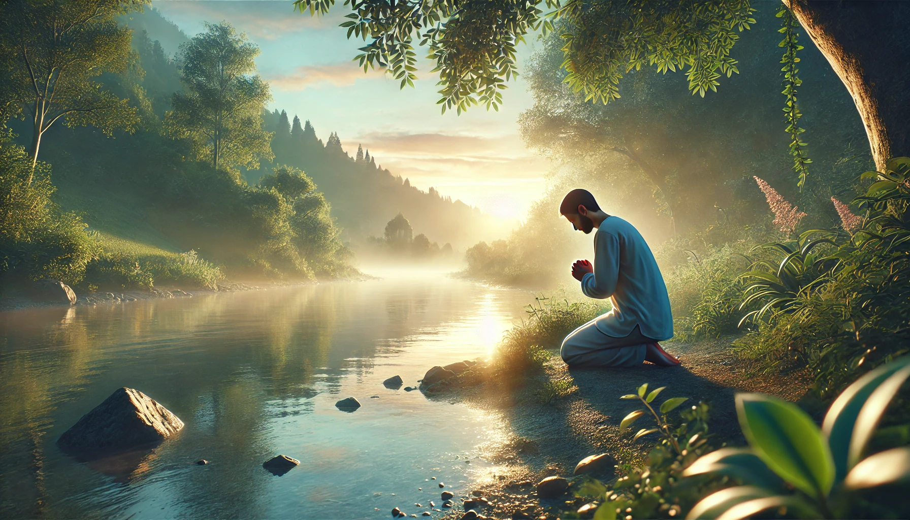 A person kneeling in prayer by a tranquil riverbank at sunrise, with soft light reflecting off the water.