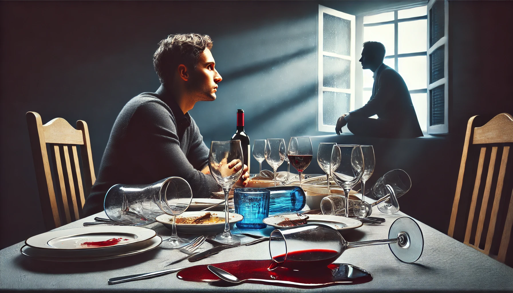 A person seated at a table with overturned glasses, spilled wine, and a chaotic arrangement of empty plates.