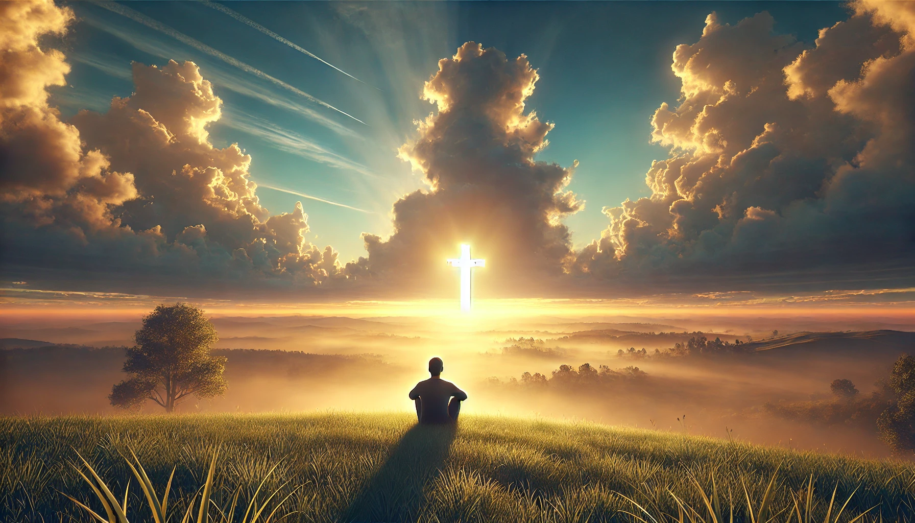 A person sitting on a grassy hilltop at sunrise, gazing upward toward a cross-shaped cloud in the sky.