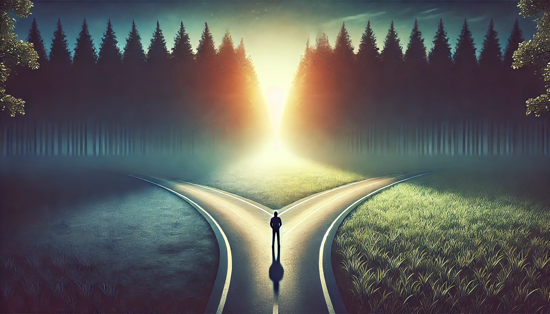 A person standing at a forked road, one path leading to a dark forest.
