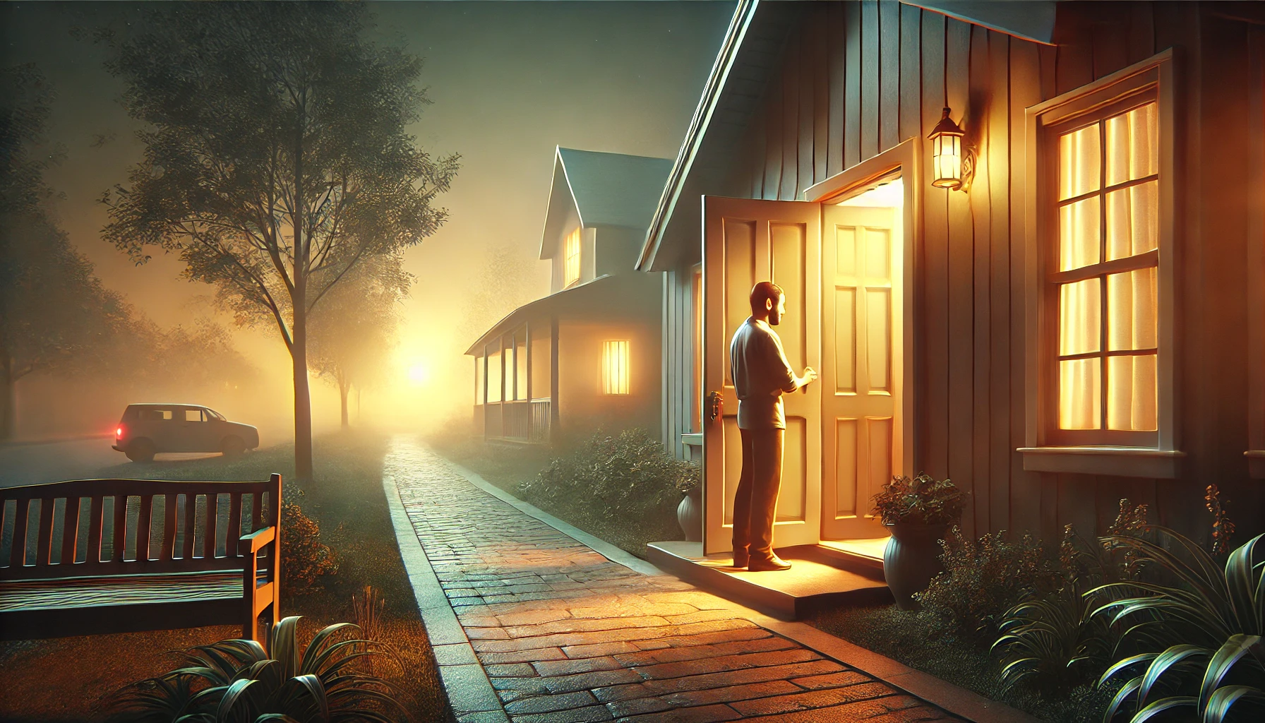 A person standing at the door of a warmly lit home in the evening, gently knocking.