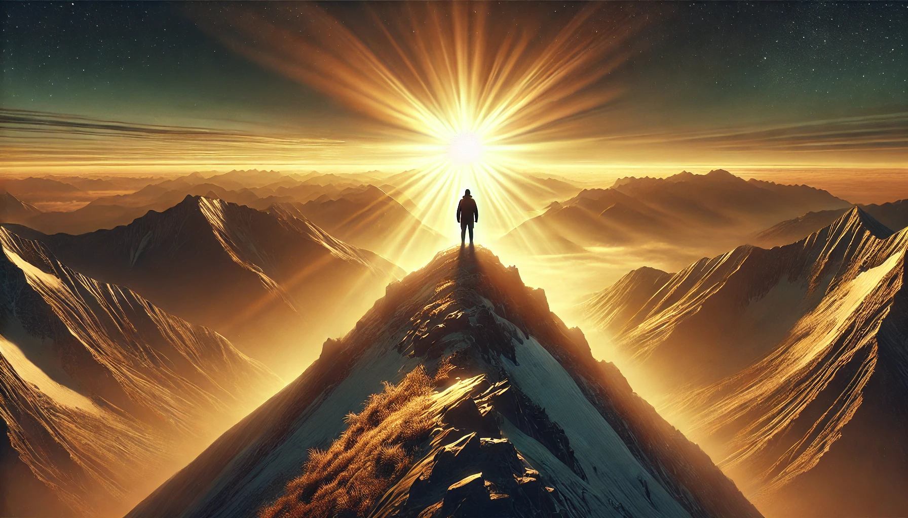 A person standing on a high mountain peak at sunrise, facing a radiant golden horizon.