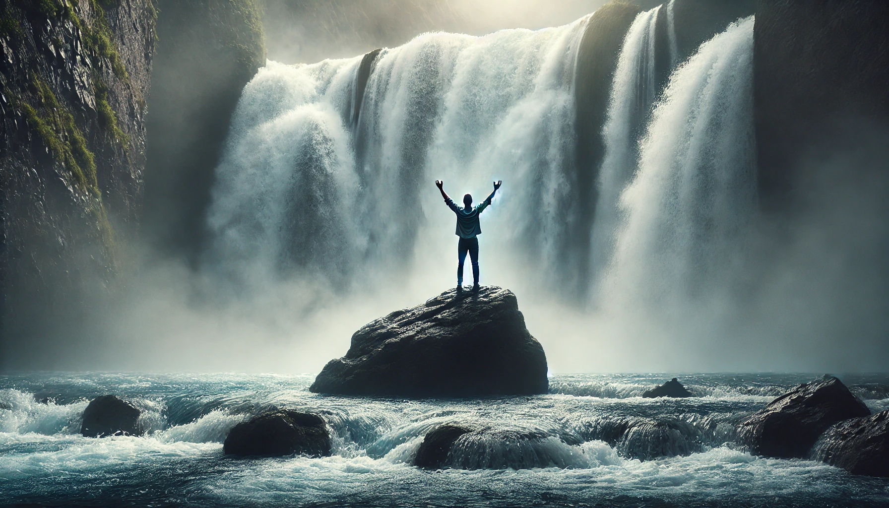 A person standing on a large rock beside a roaring waterfall, arms raised upward as mist surrounds them.