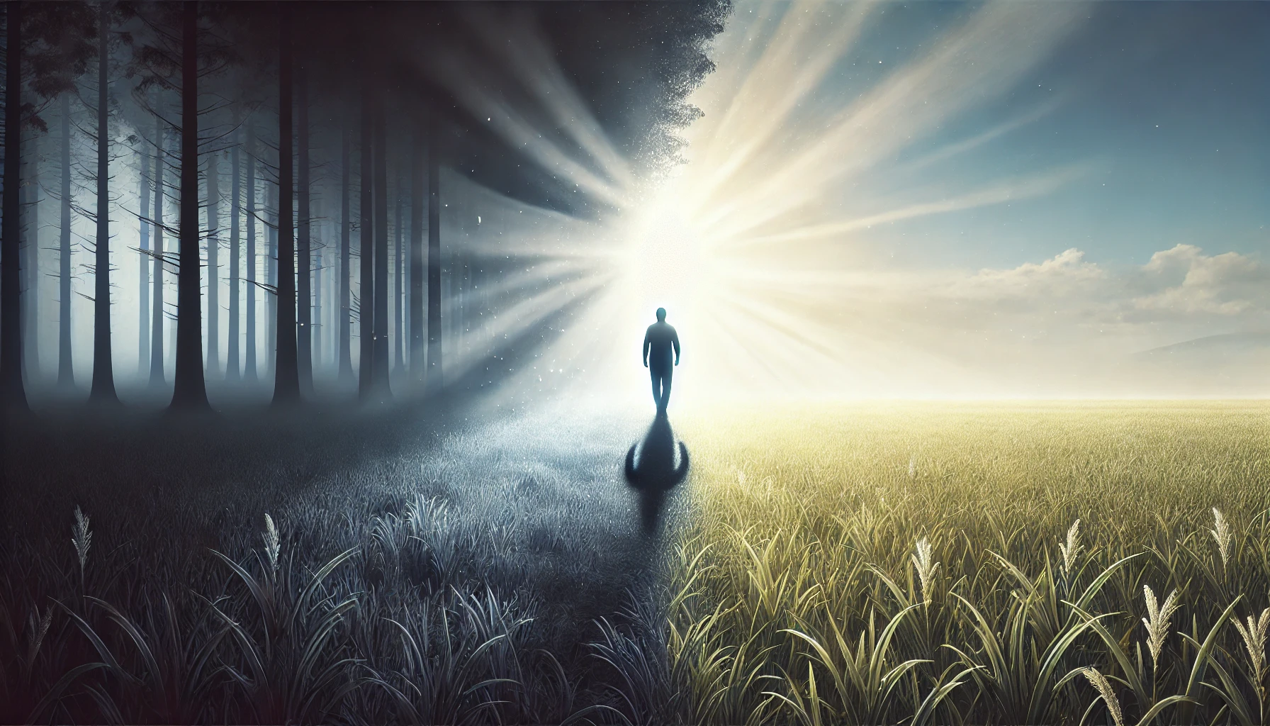 A person walking from a shadowed forest into a bright, open field.