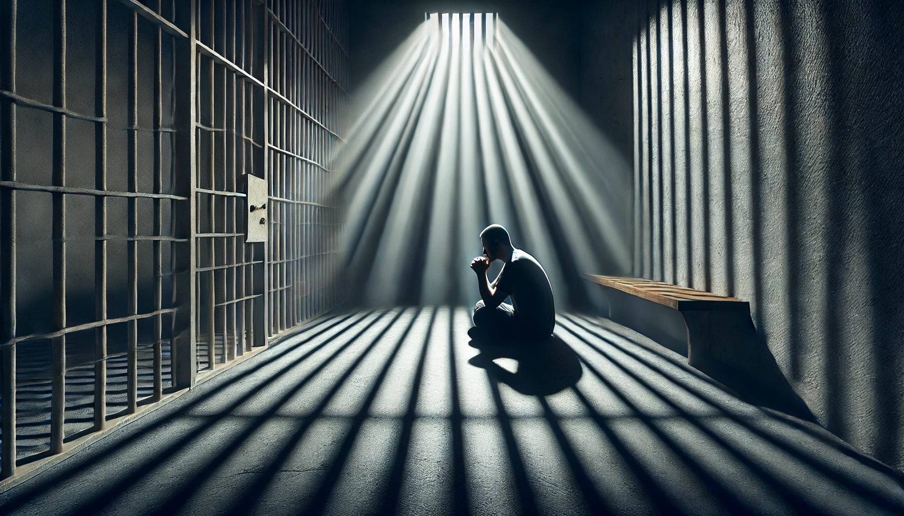 A prison cell with light streaming through the bars, illuminating a man sitting in quiet prayer.