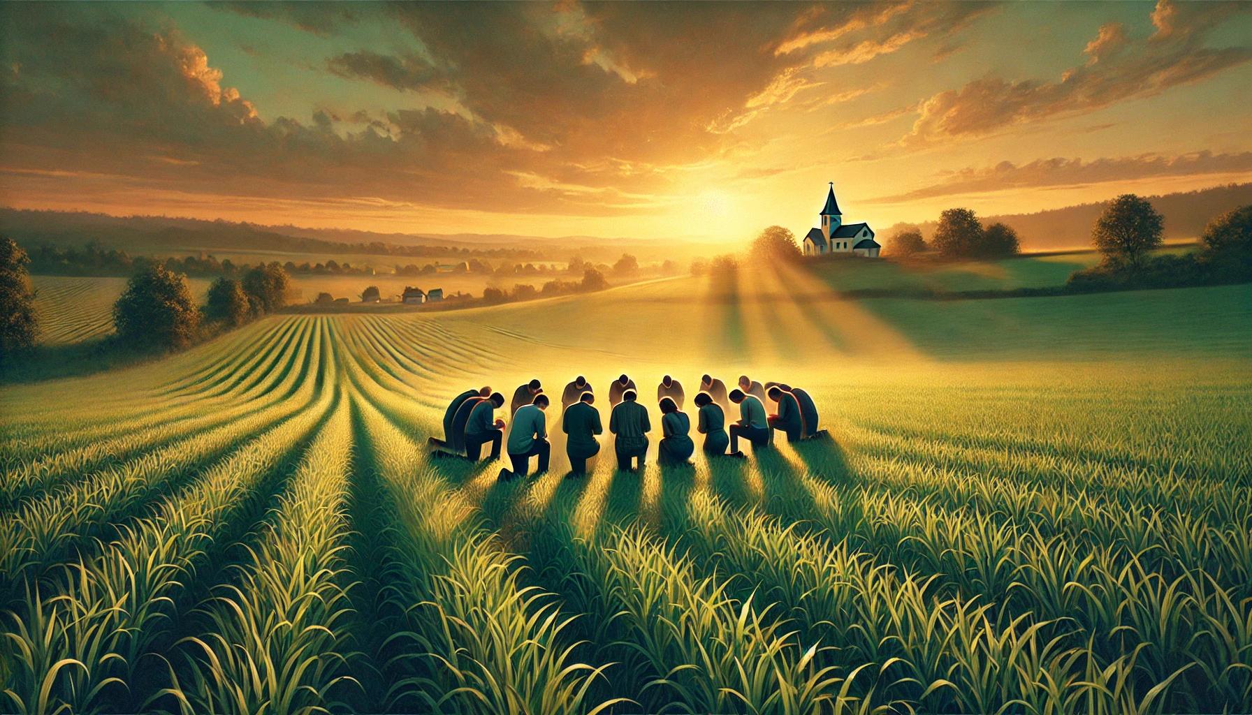 A rural landscape at sunset with a small group of people kneeling together in prayer in a lush green field.