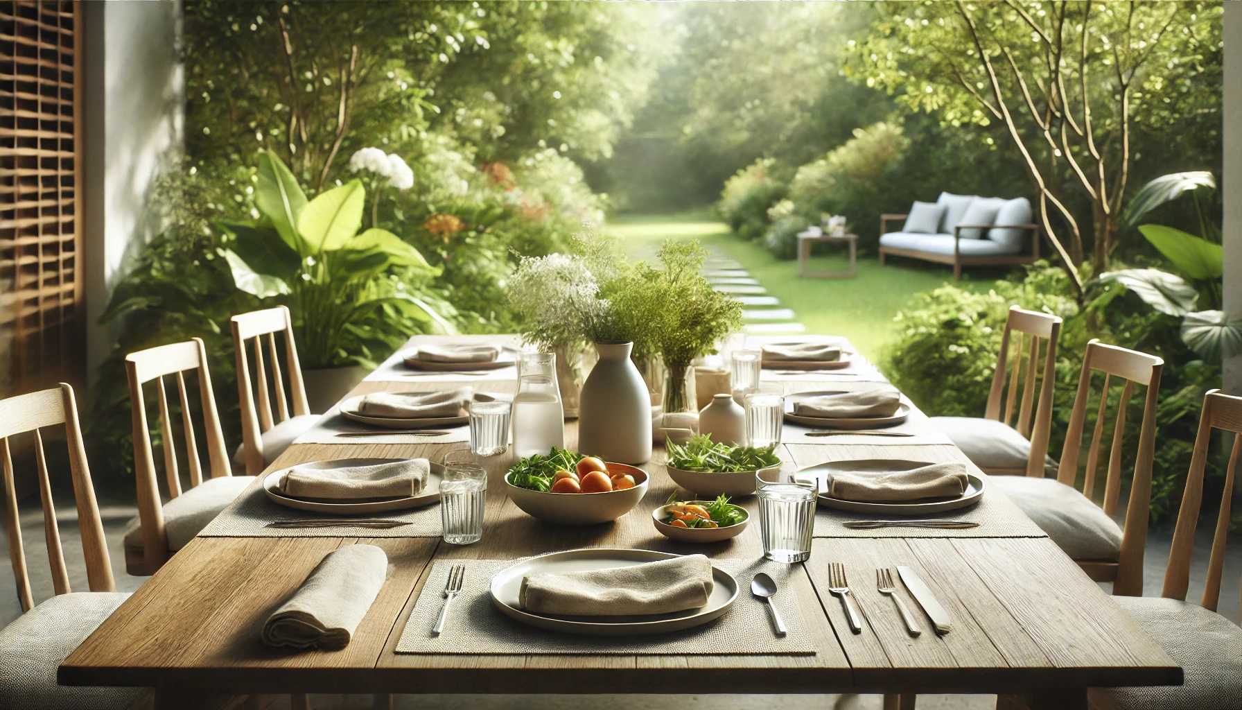 A serene dining table set outdoors, with a minimalist arrangement of simple, fresh food on plates.