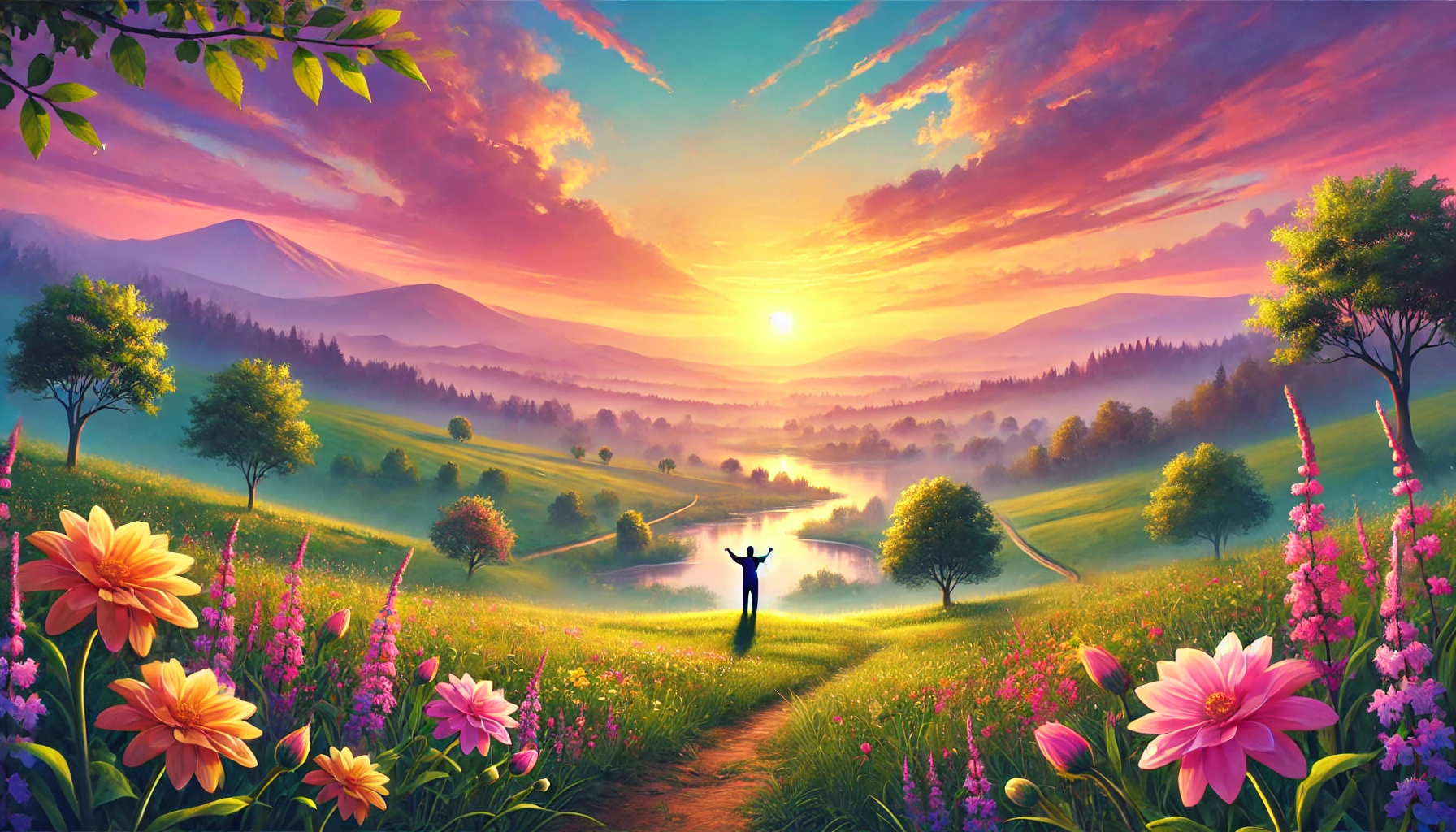 A serene sunrise over a quiet countryside with a vibrant sky transitioning from soft pink to gold. A lone figure stands on a hilltop with arms raised