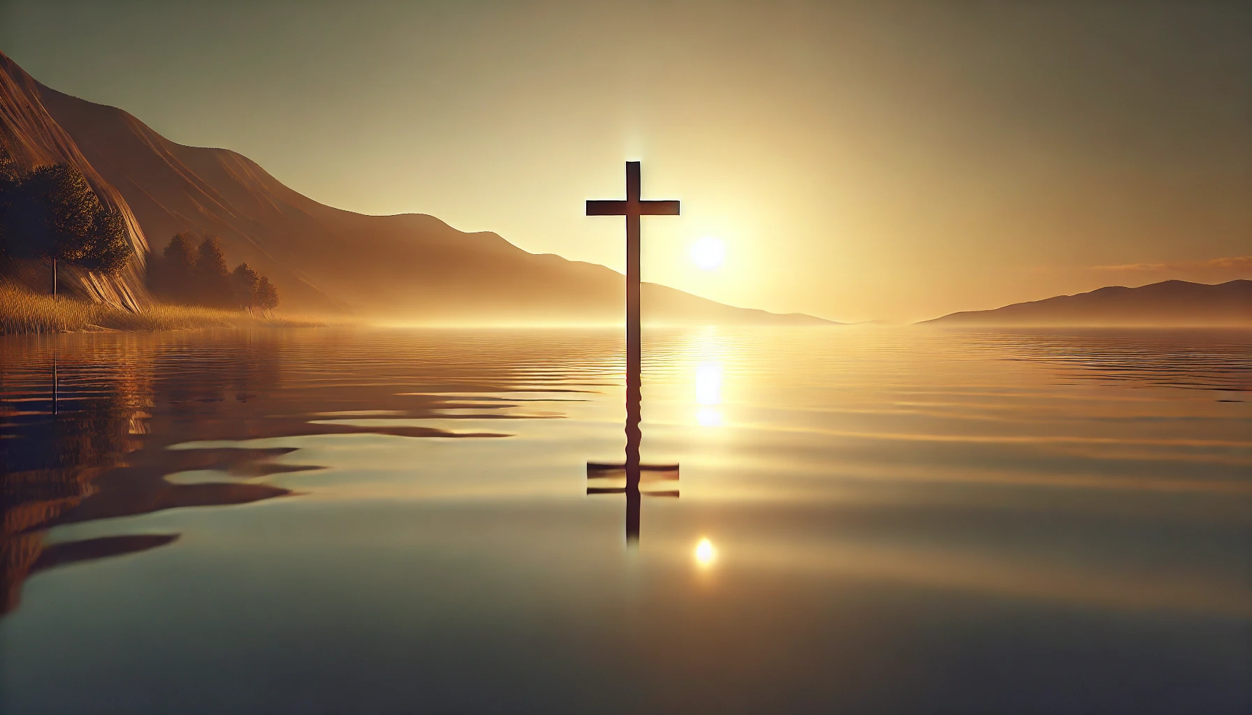 A serene sunrise over a quiet lake, with a lone wooden cross on the shoreline.