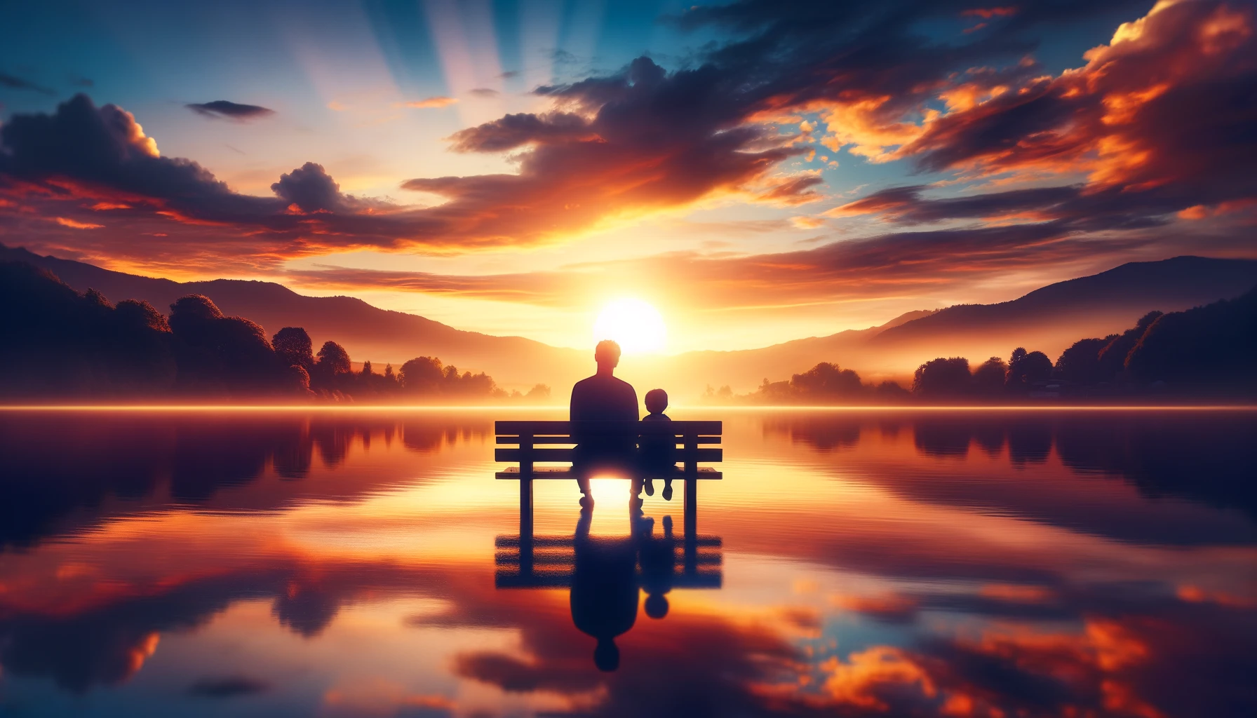A serene sunset view with a parent and child sitting on a bench overlooking a calm lake.