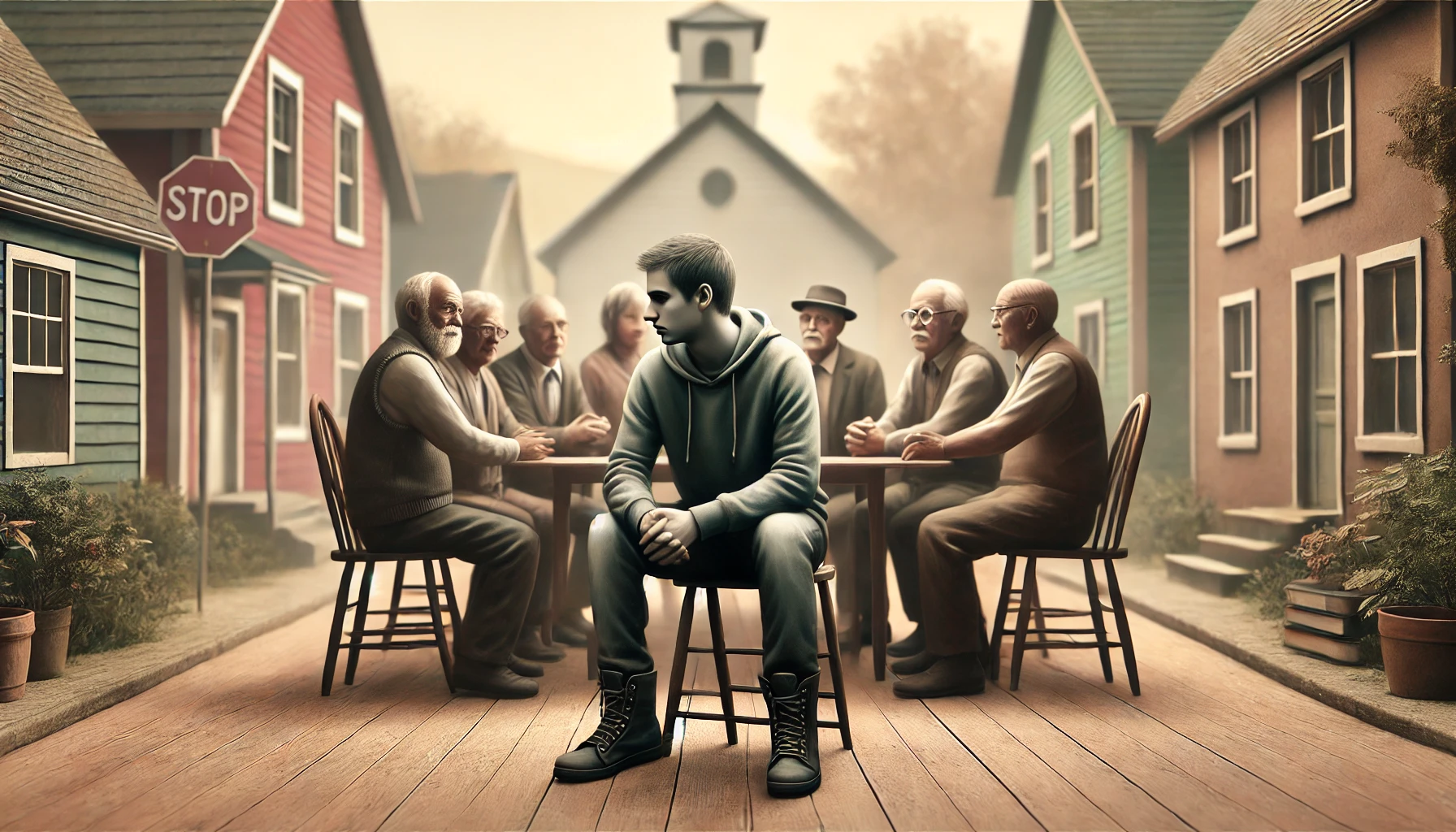 A somber scene of a group of elders in discussion in a small town setting, with a somber young man.