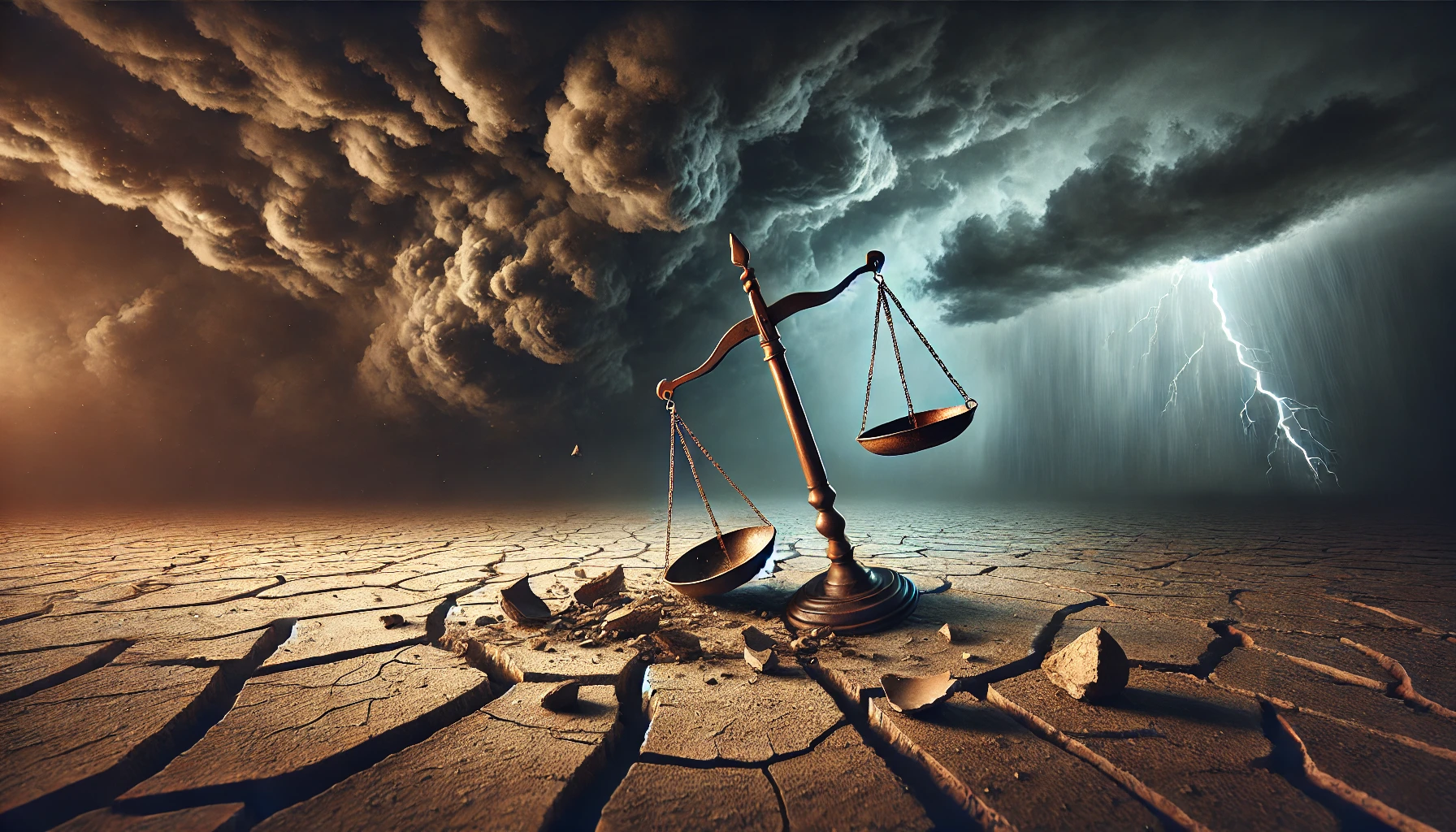 A stormy, darkened sky with a broken scale of justice in the foreground.