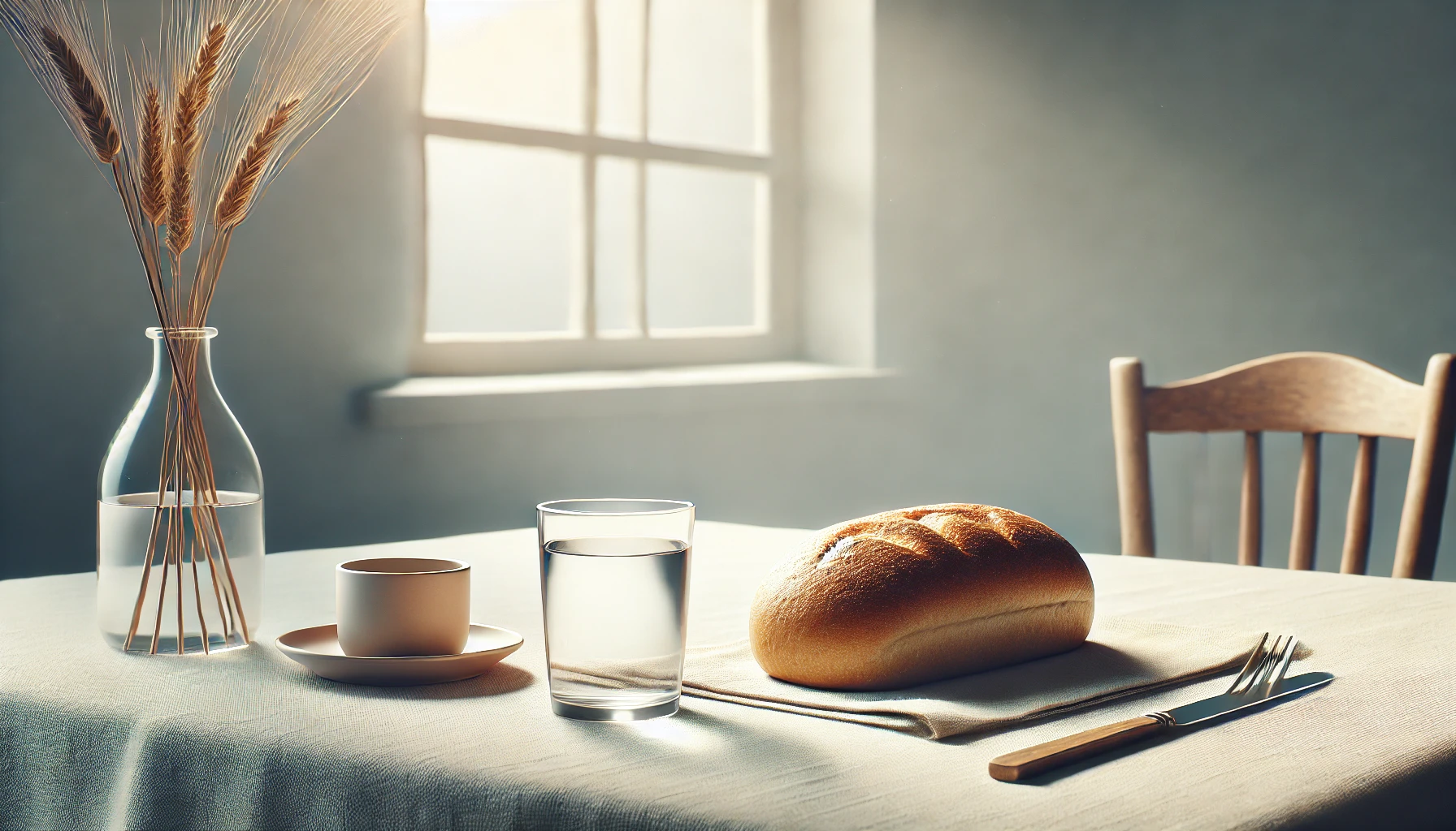 A table with a single loaf of bread, a cup of water, and soft lighting from a window.