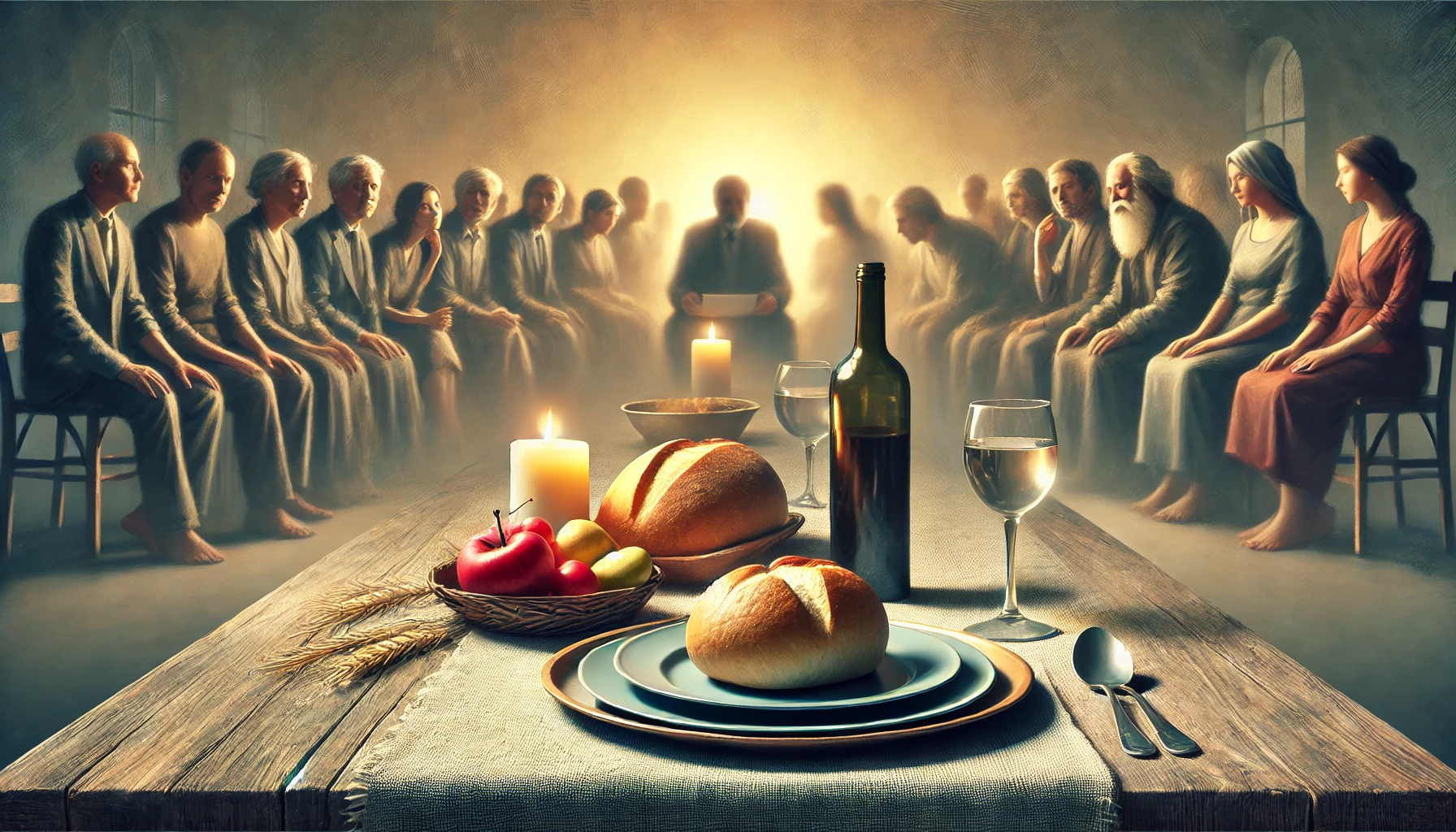 A table with bread, wine, and a few humble plates.