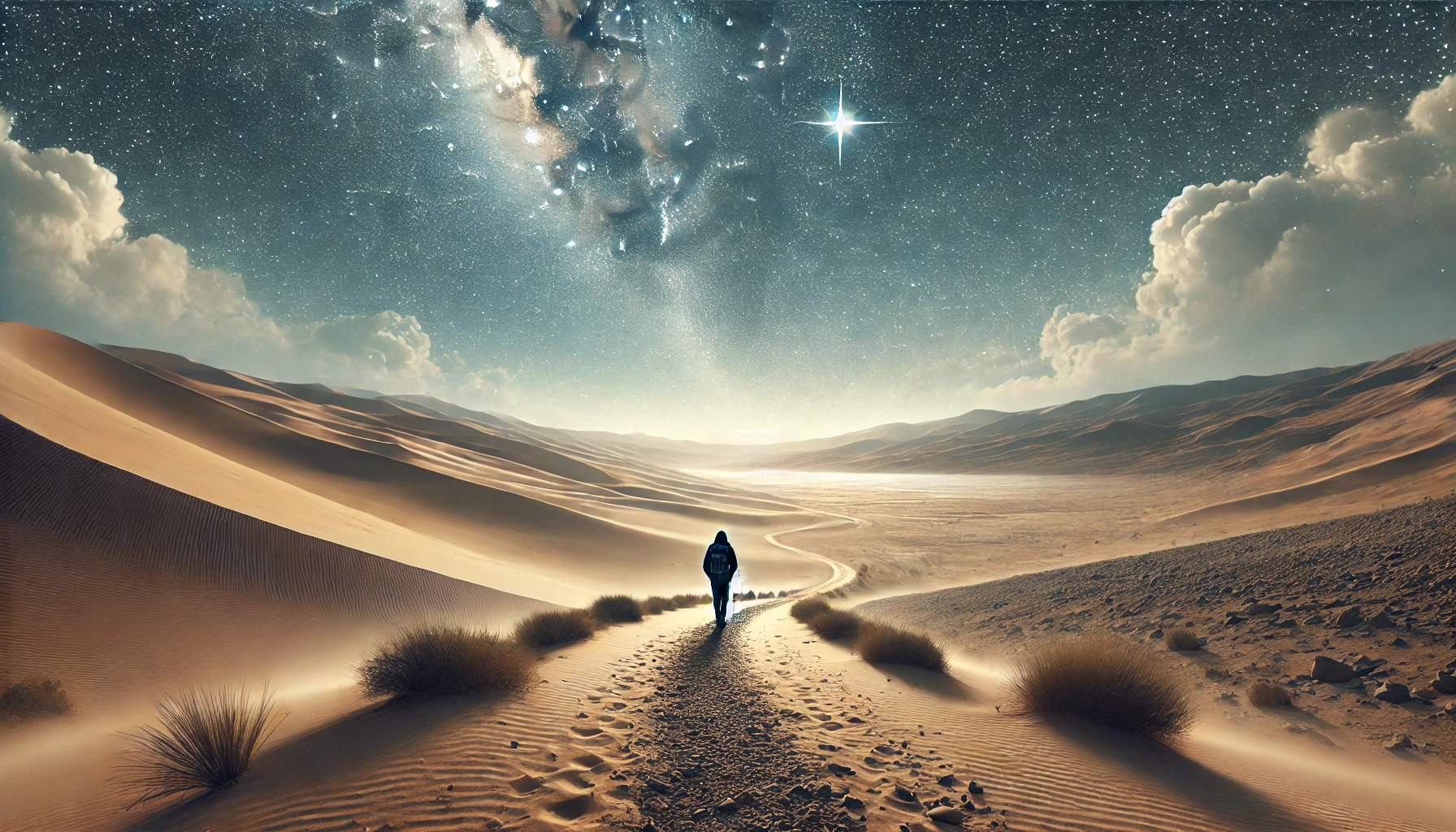 A traveler walking along a winding dirt path through a peaceful desert landscape under a vast, star-filled night sky.