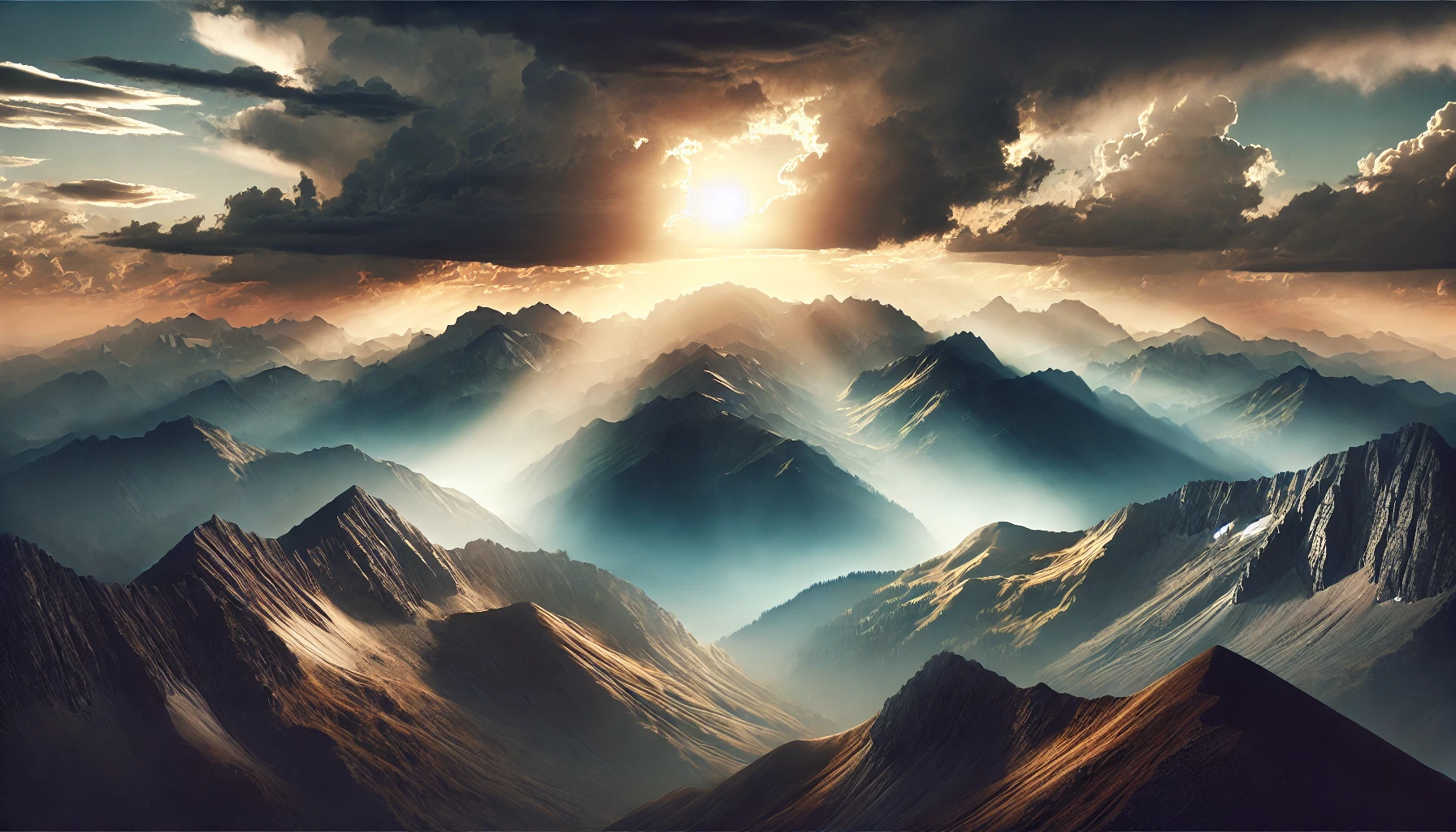 A vast mountain range under a dramatic sky.