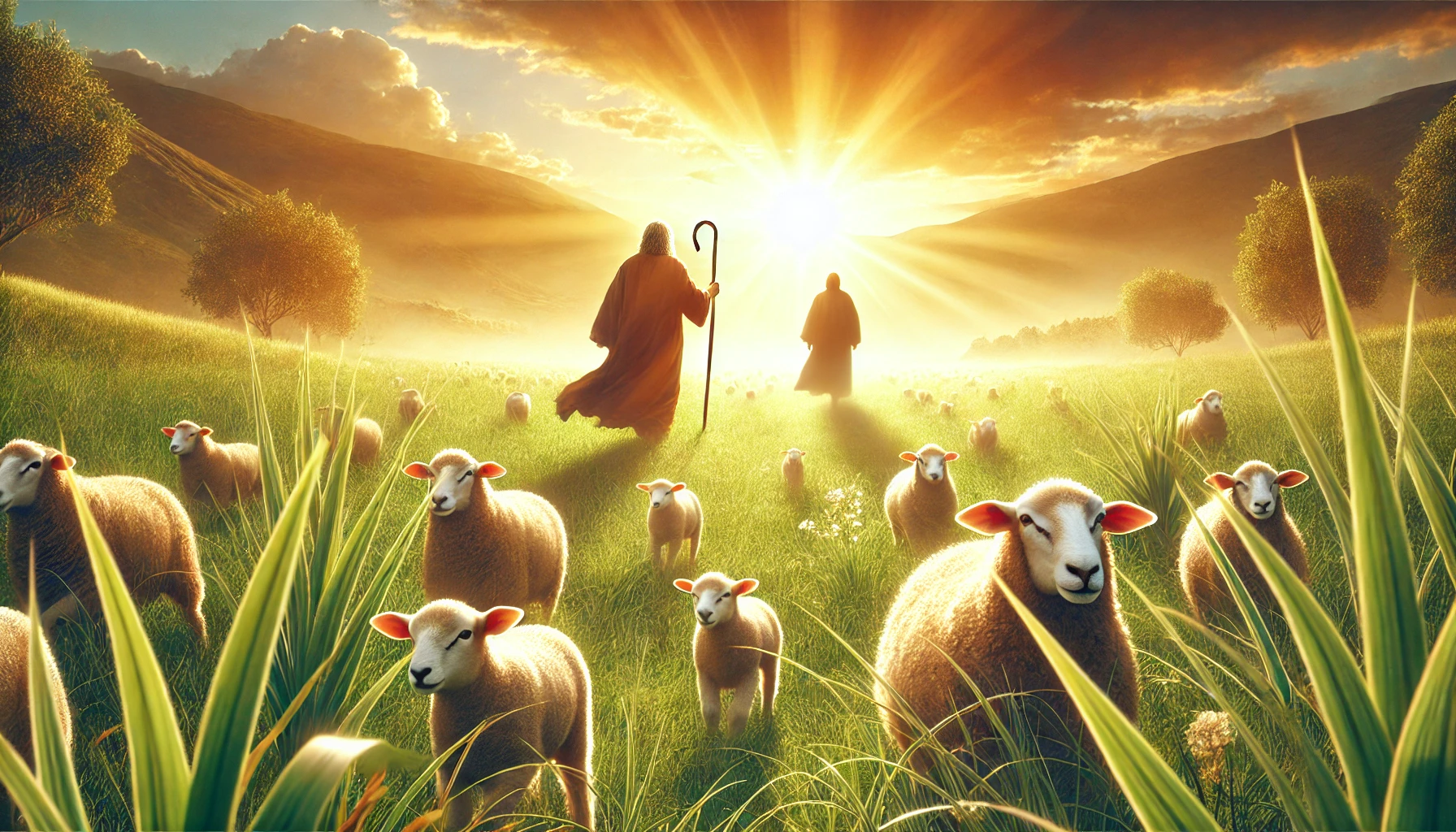 A vibrant meadow under a golden sunrise with a shepherd gently leading sheep.