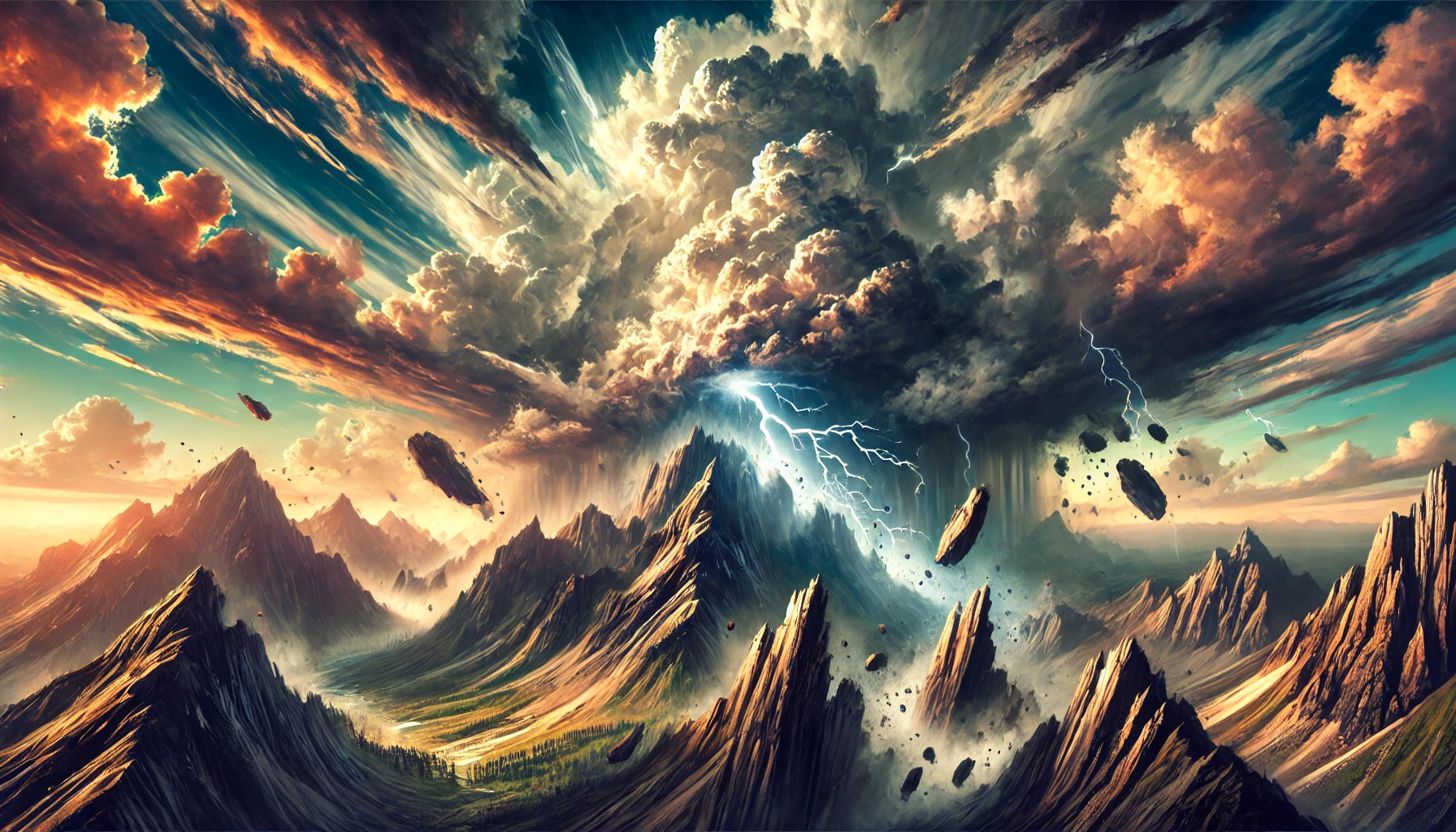 A vivid depiction of trembling mountains under a stormy sky.
