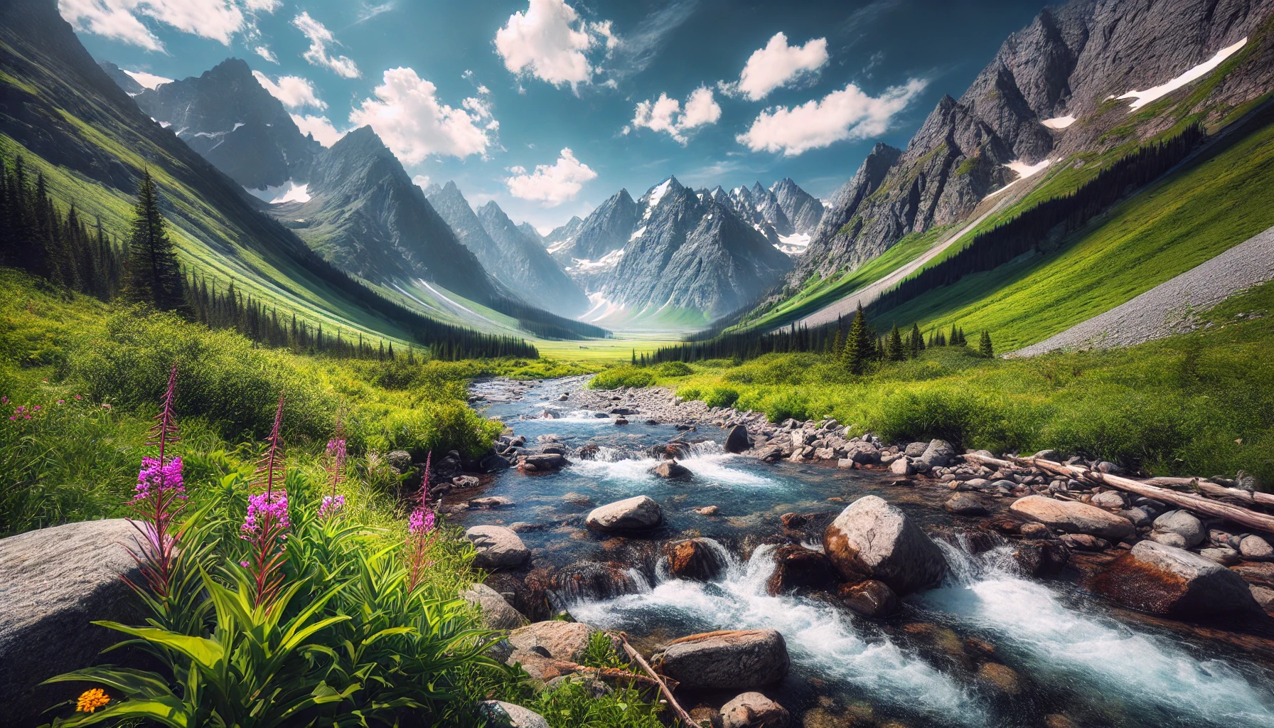 A wide view of a verdant valley flanked by towering mountains under a bright blue sky.