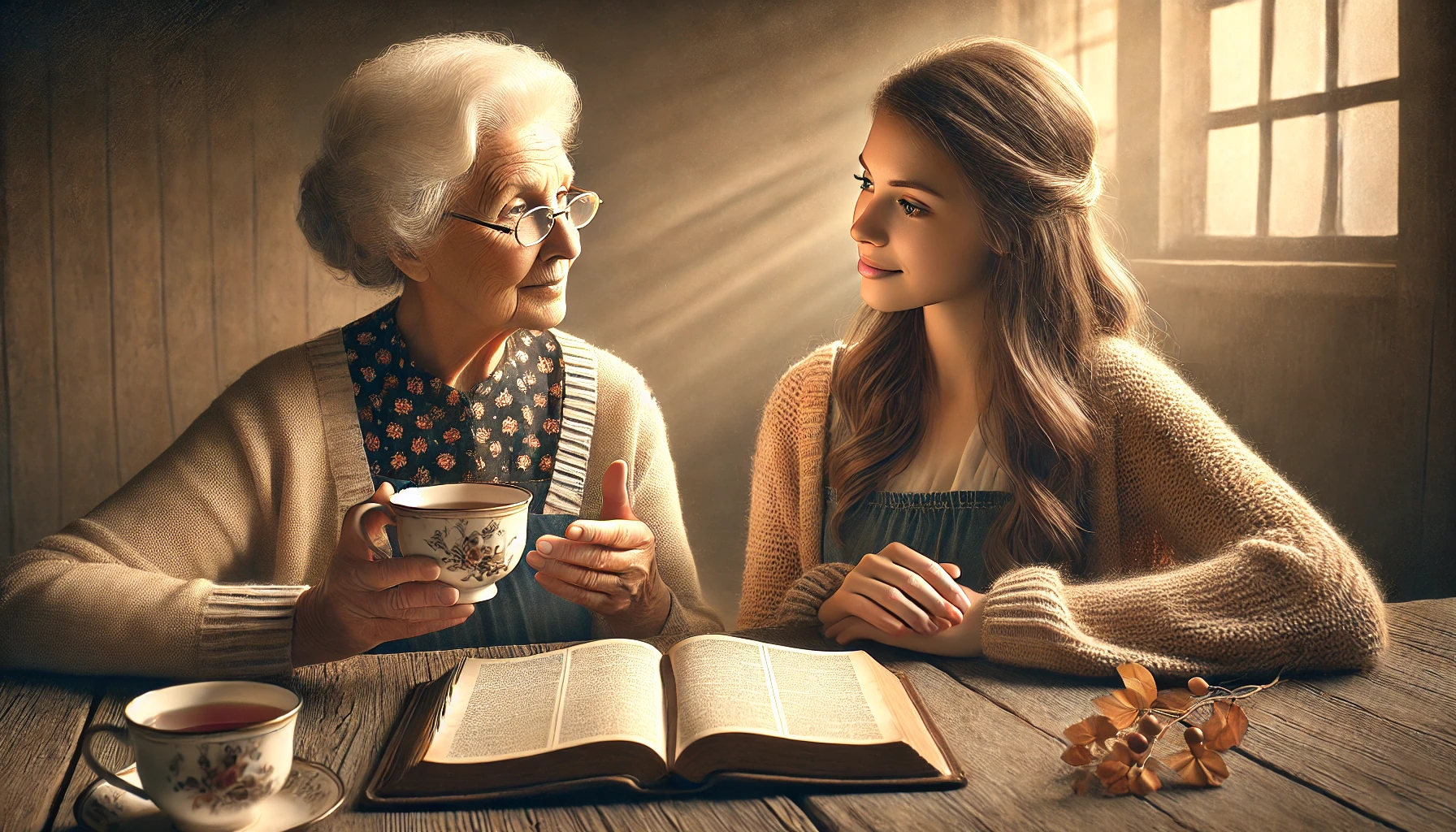An older woman and a younger woman sharing mentorship over an open Bible.
