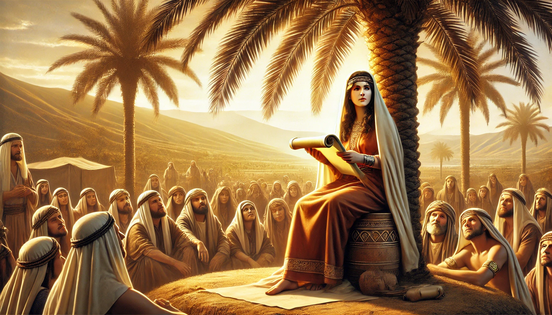 Deborah sitting under a palm tree, holding a scroll, surrounded by those seeking her guidance.