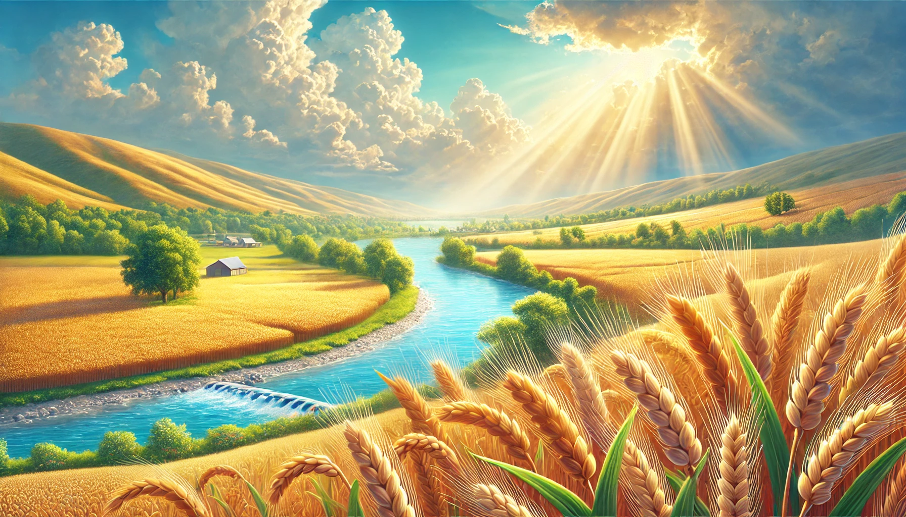 Fertile fields of grain under a bright blue sky with a distant river.