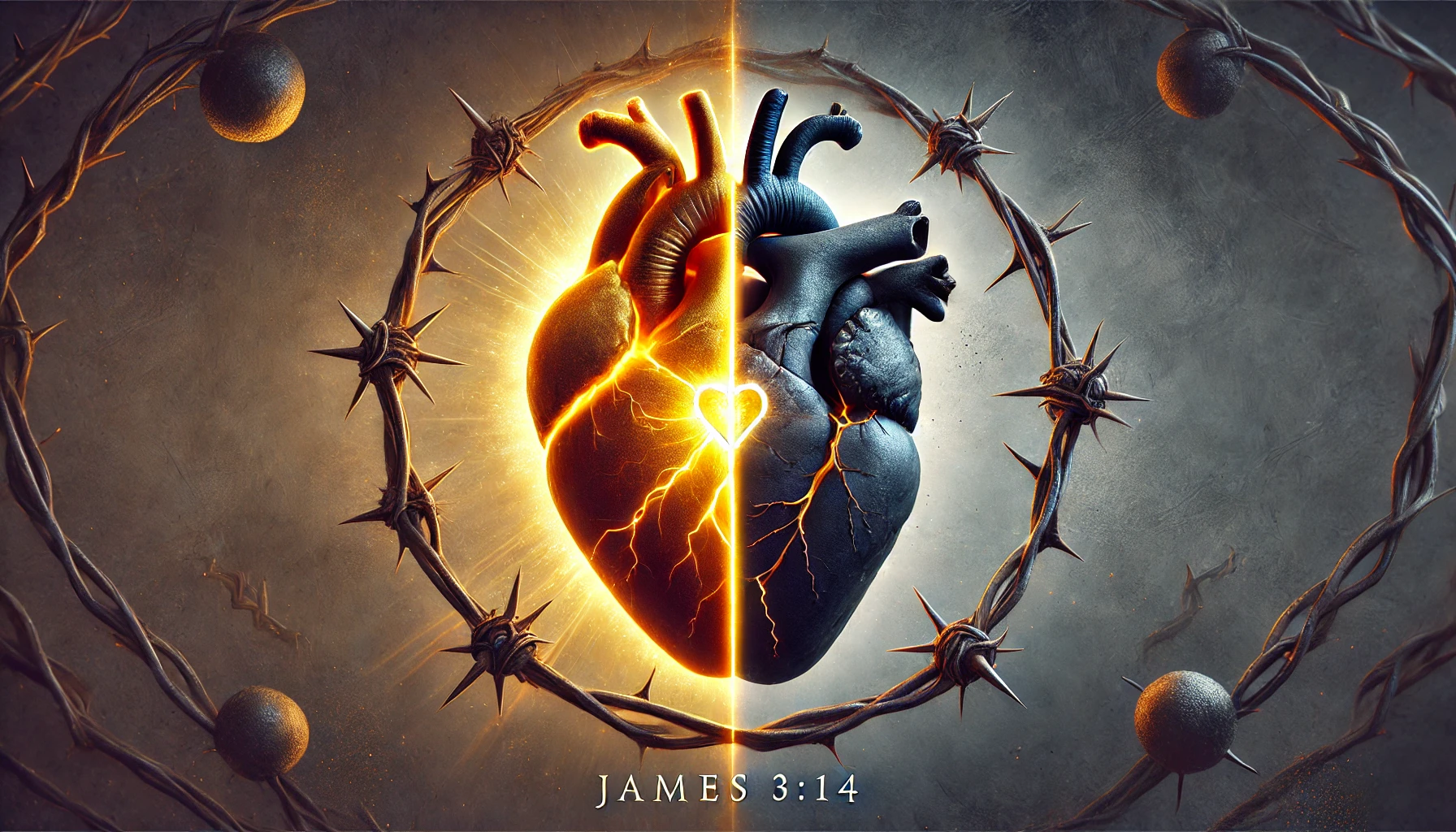 Two hearts merged together, one breaming with humanity and life while the other is disheveled.