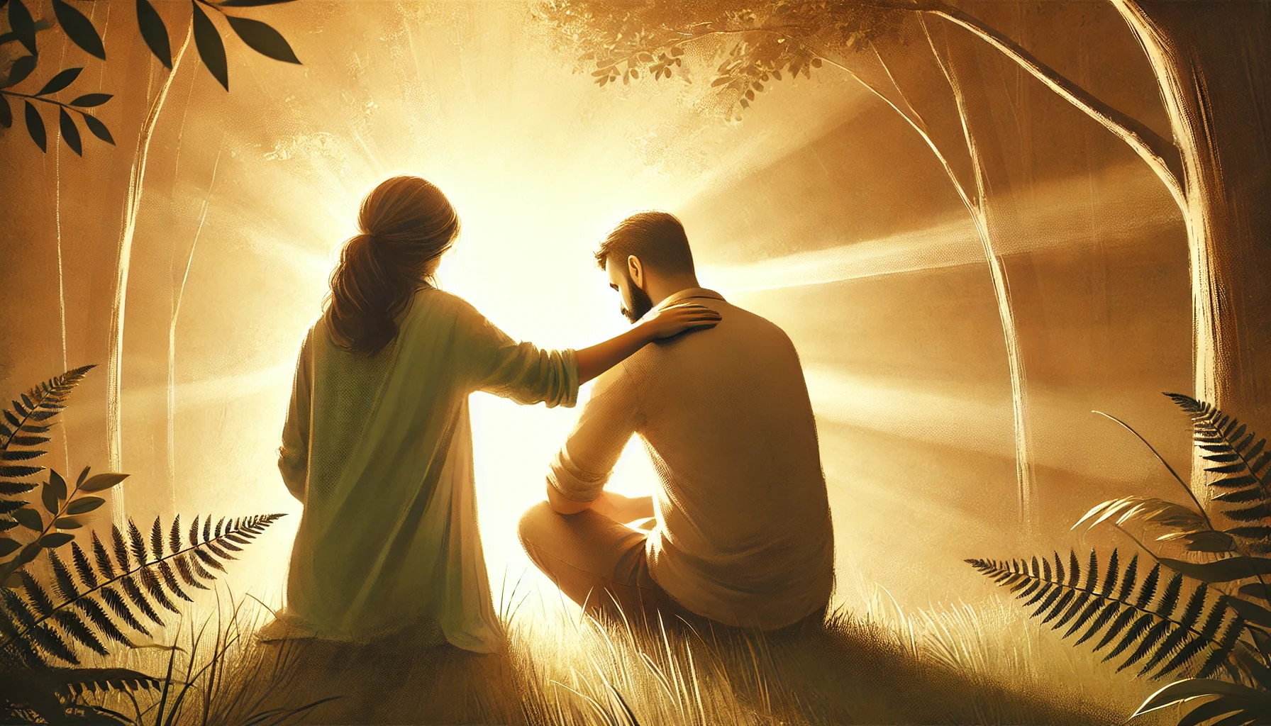 Two individuals sitting together in a peaceful, natural setting, sharing a moment of prayer.