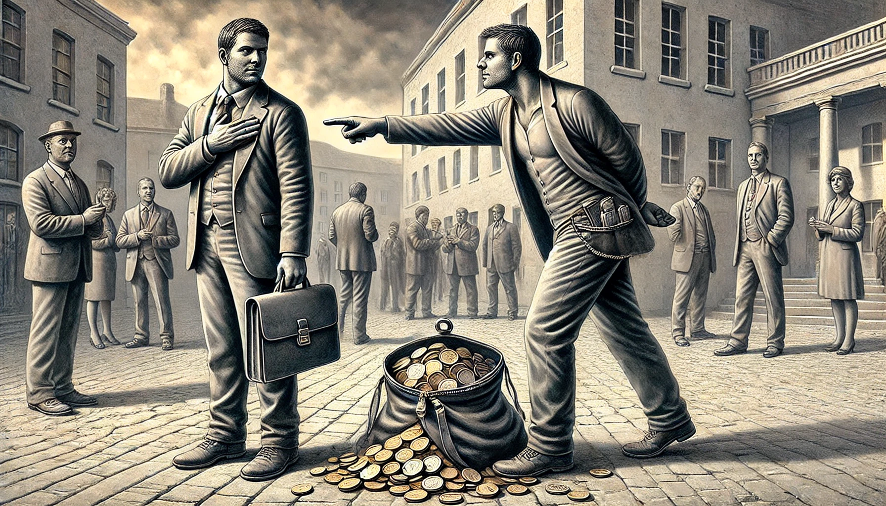 Two men standing side by side in a public square.