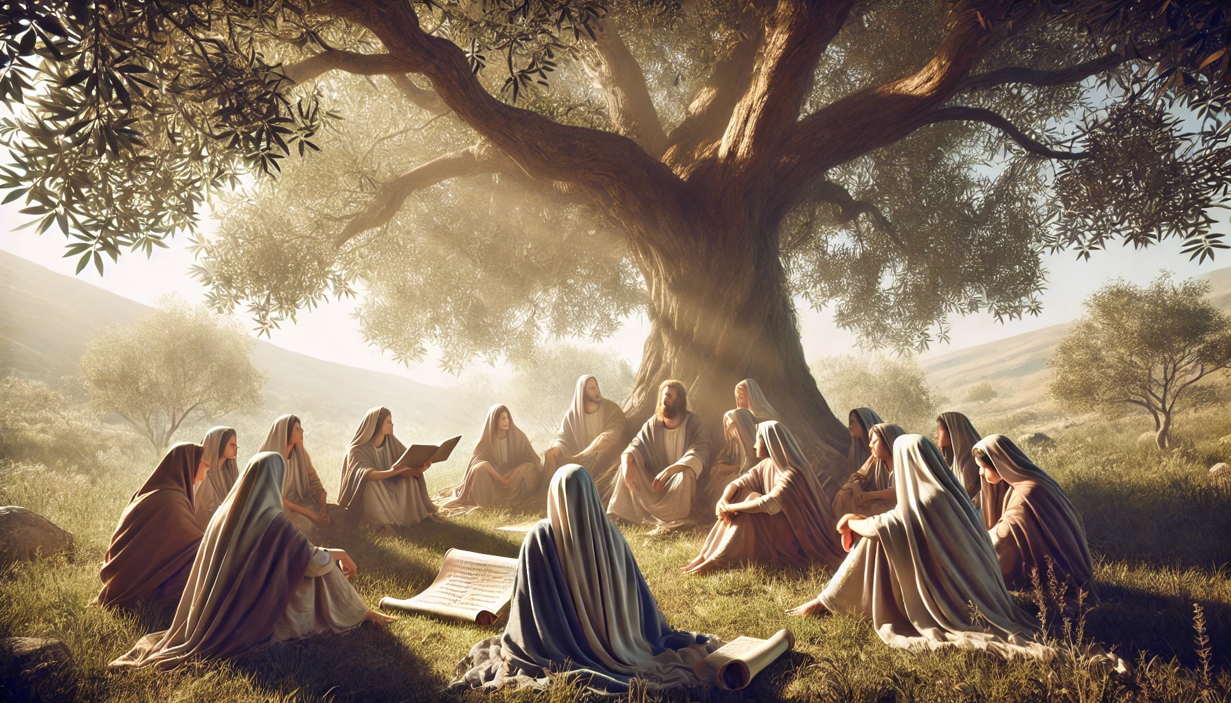 Women sharing stories under a large tree in a peaceful meadow.