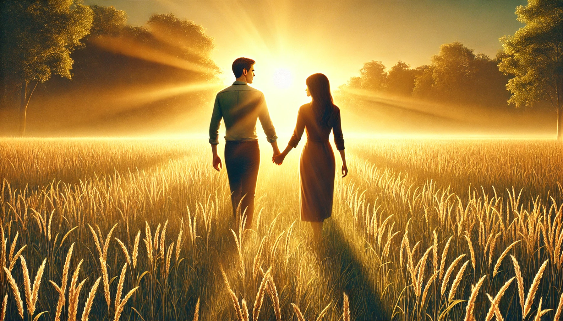 A couple walking hand-in-hand through a peaceful sunrise-lit field.