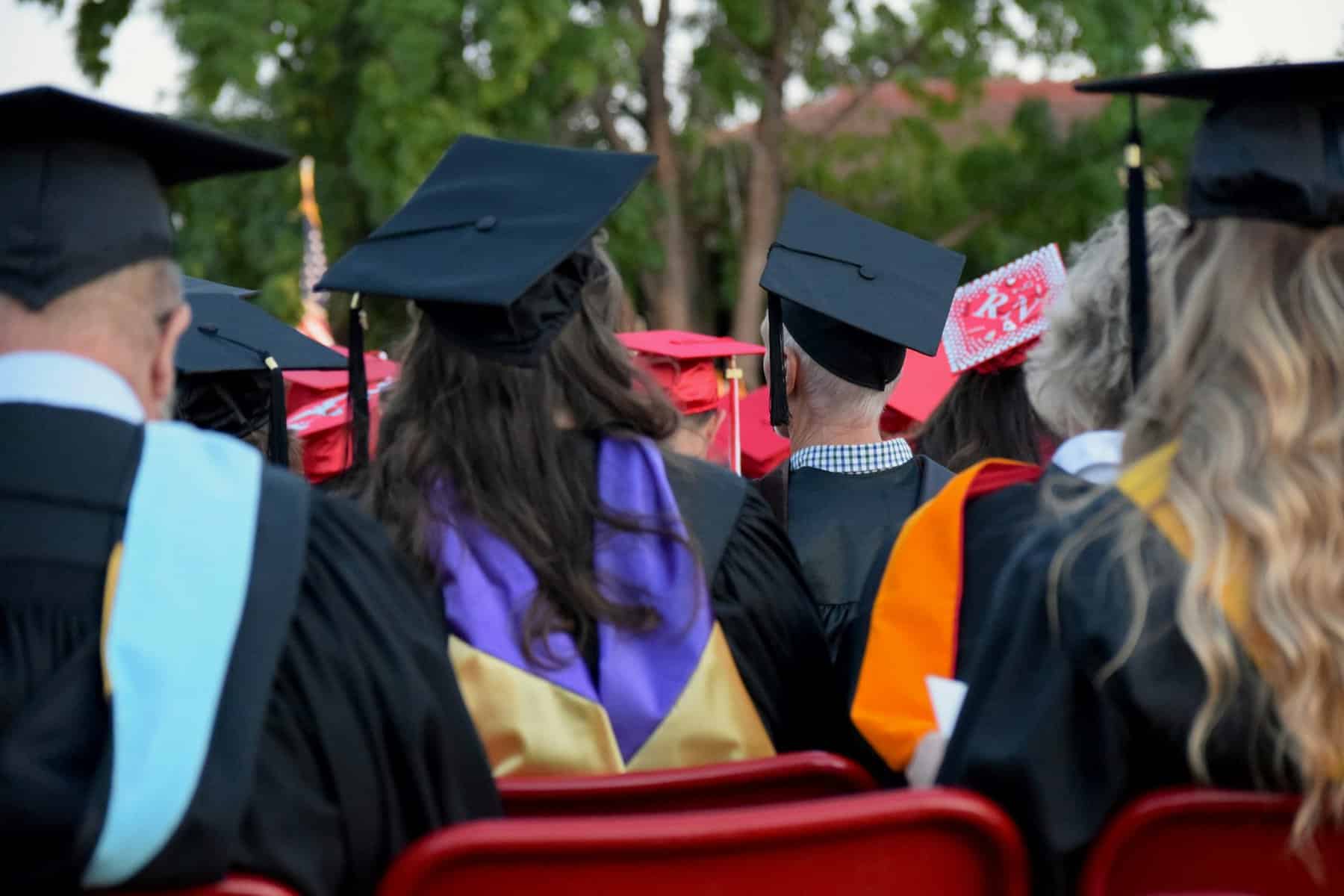 People in caps, gowns, hoods from the back.