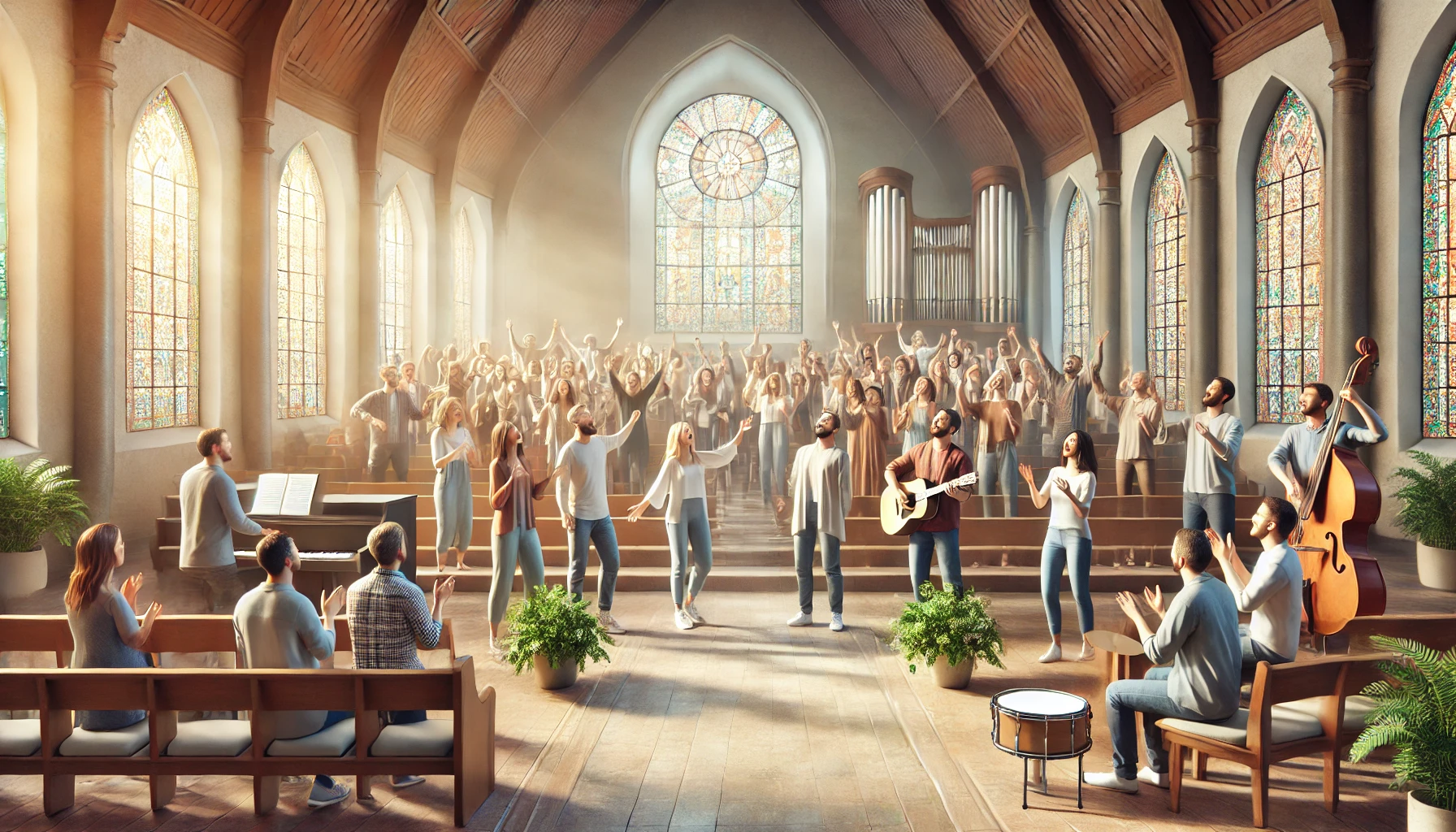 A Christian congregation gathered in a modern church, singing hymns together.