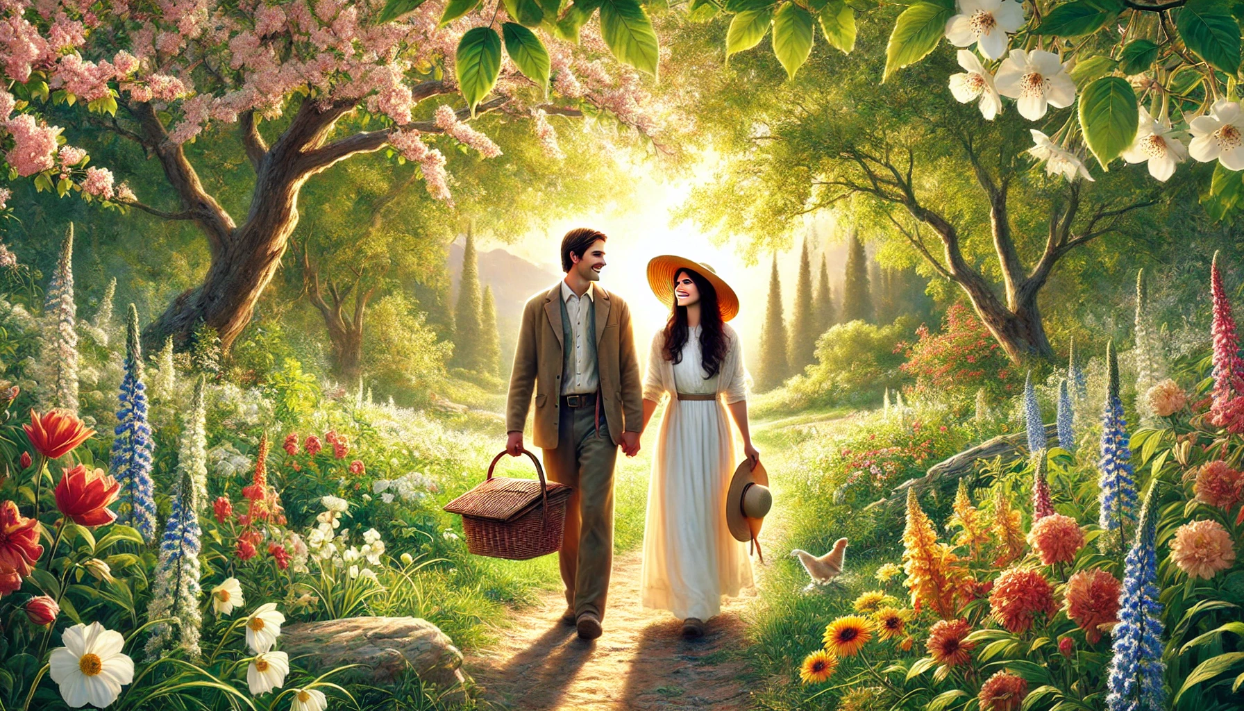 A Christian couple walking hand-in-hand through a scenic countryside trail surrounded by blooming flowers.