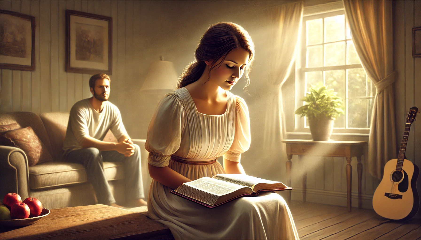 A Christian wife in a modest living room, sitting quietly with an open Bible on her lap.