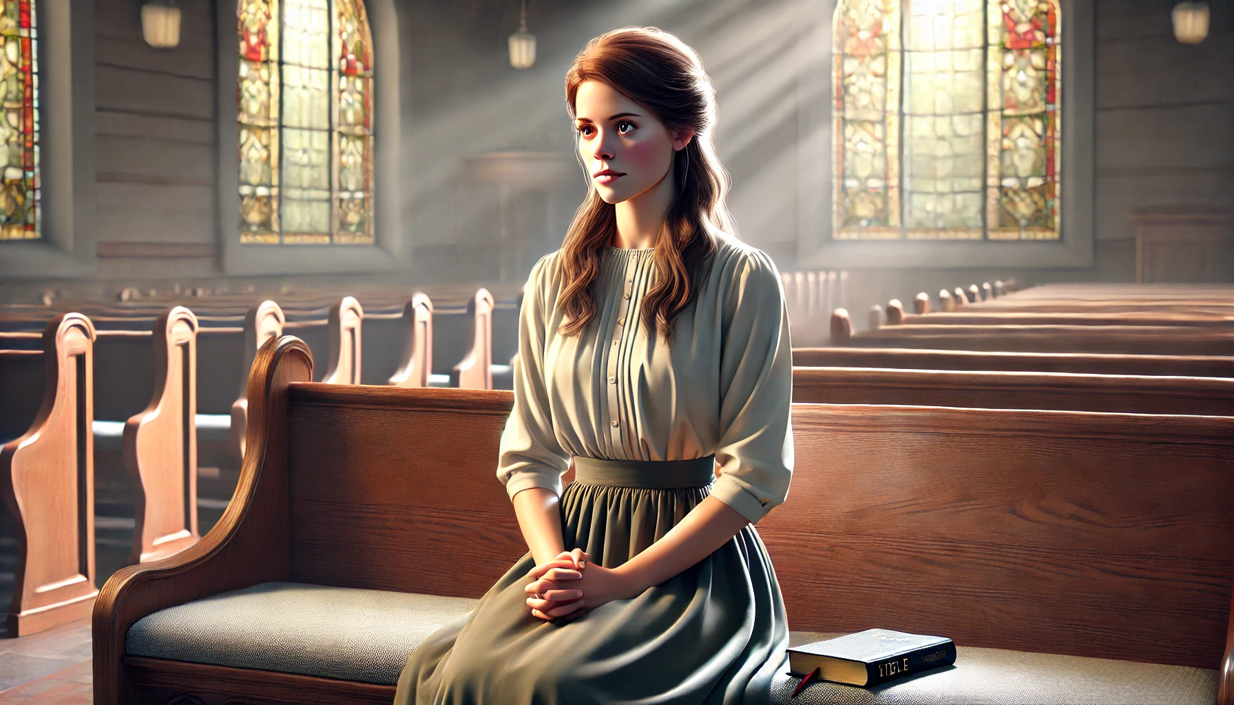 A Christian wife seated in a modest church sanctuary.