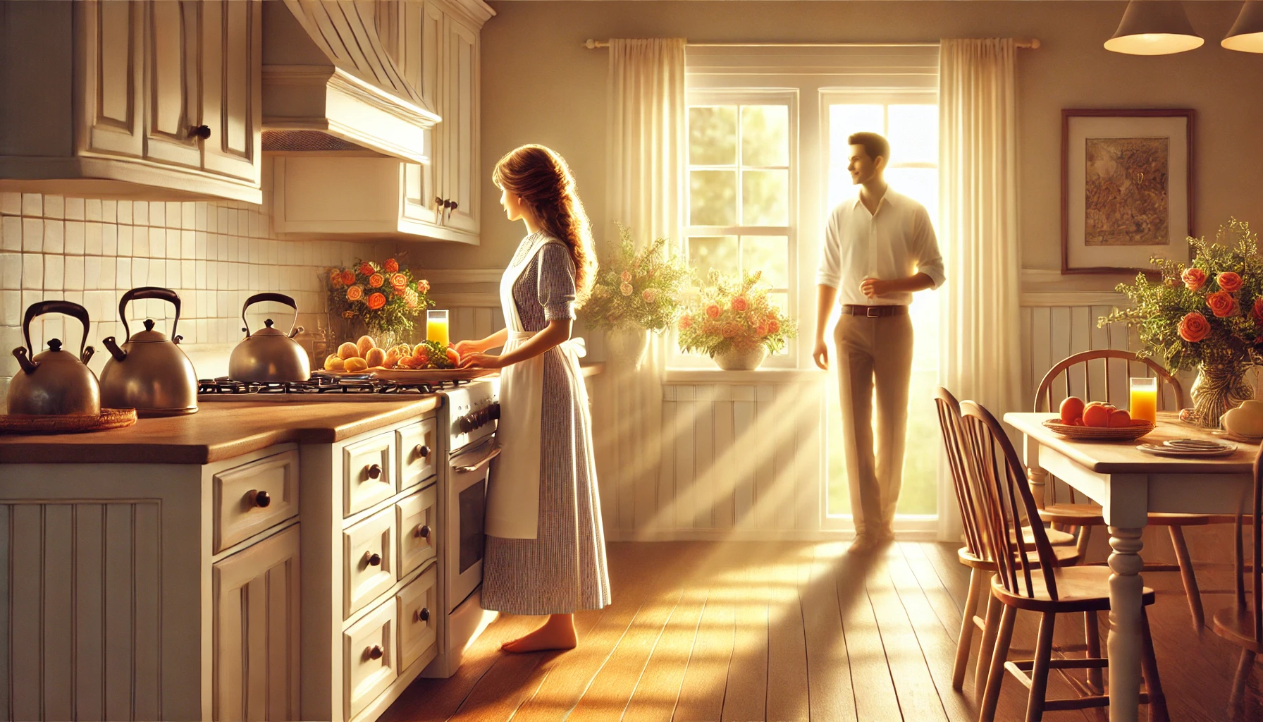 A Christian wife standing in a sunlit kitchen, preparing food while her husband enters the room.