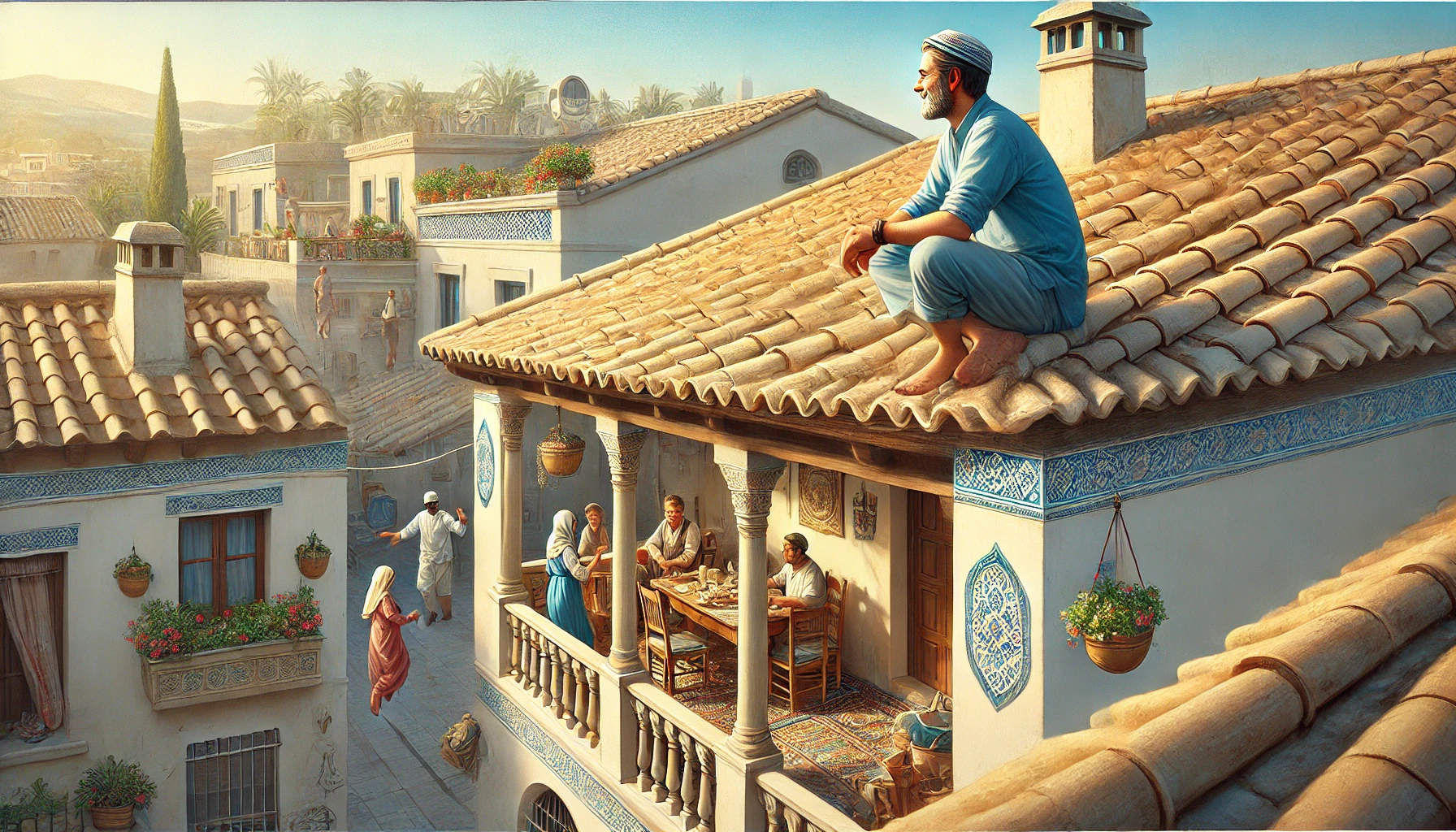 A Mediterranean-style rooftop with a man sitting on the edge, looking contemplative.