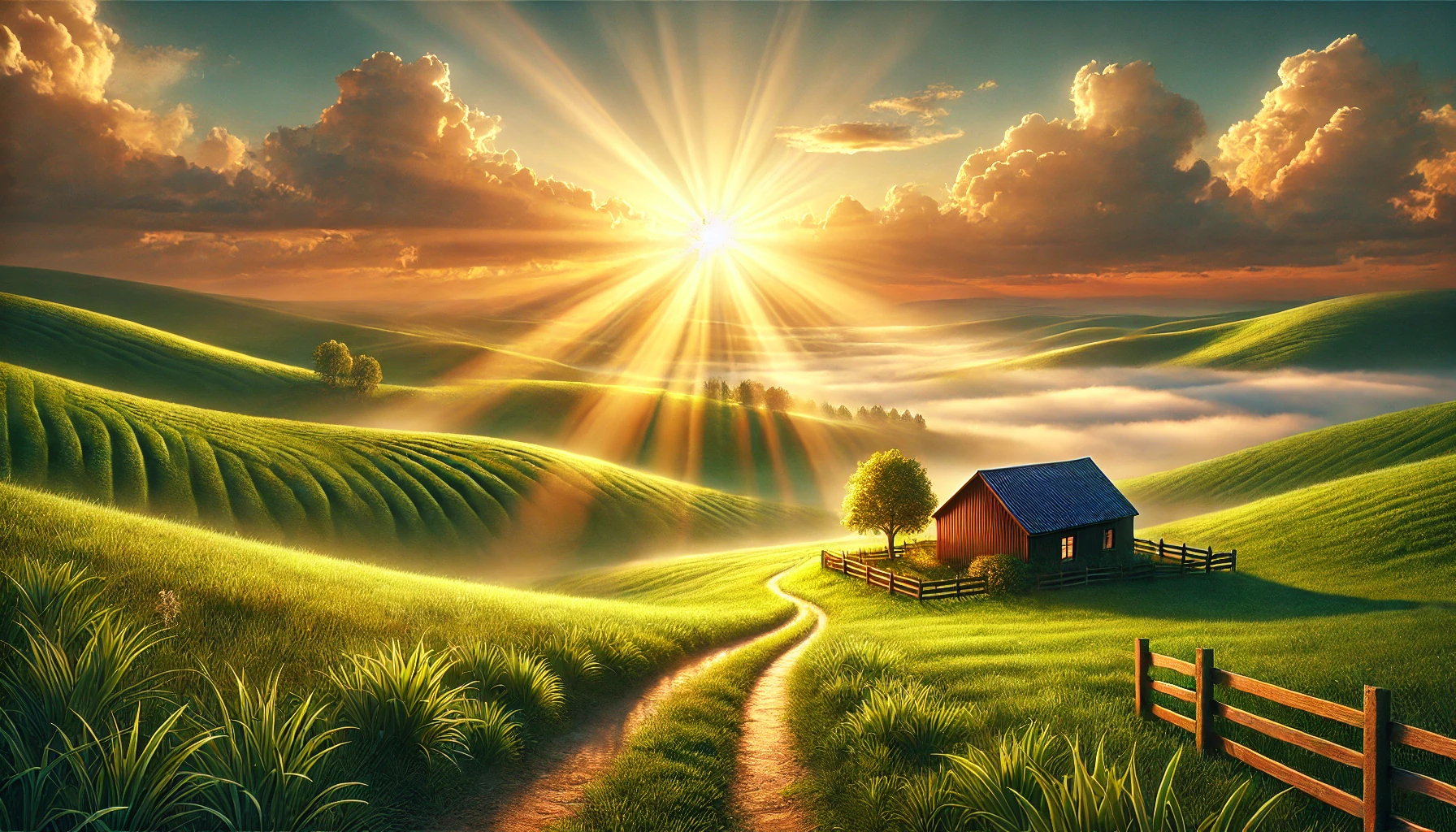 A beautiful sunrise over a serene countryside.