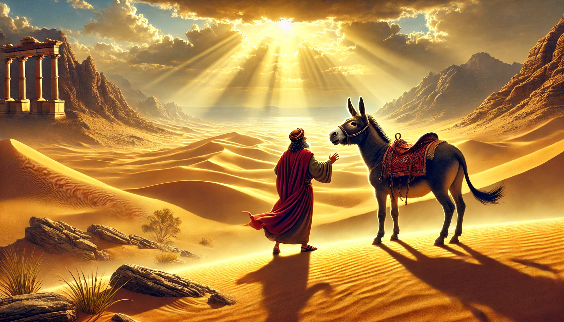 A biblical scene showing Balaam on a donkey in a sunlit desert landscape.