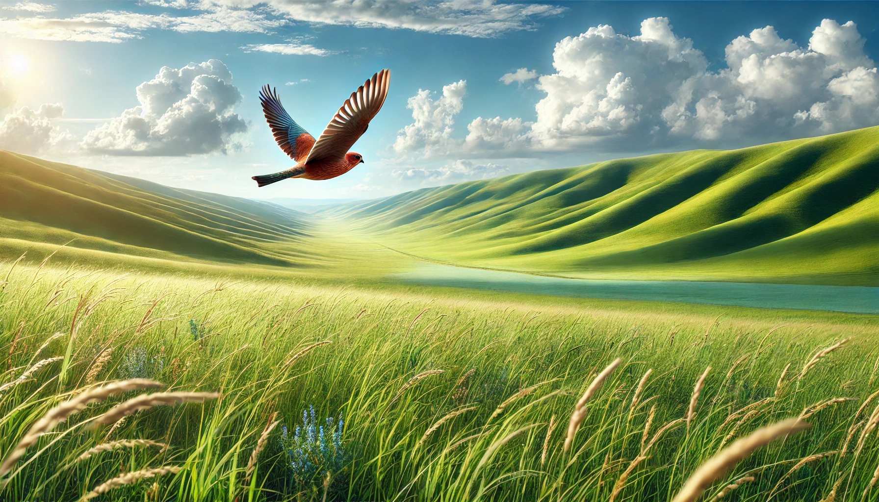A bird flying over a vast field with rolling hills.