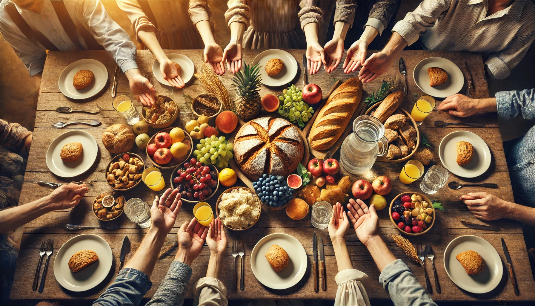 A bountiful table filled with bread, fruits, and water, surrounded by hands of various people sharing food together.
