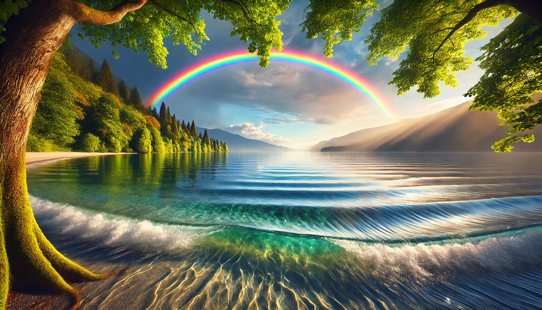 A breathtaking landscape featuring a calm lake with a majestic rainbow arching overhead.