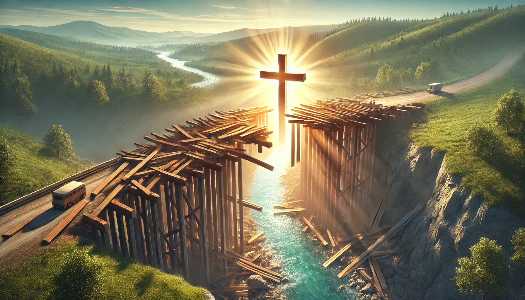A broken bridge being repaired with beams forming a glowing cross in the center.