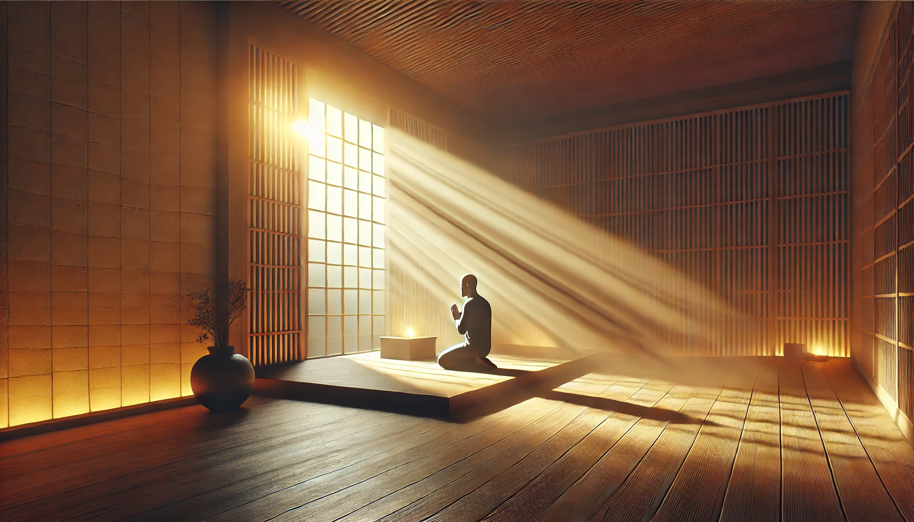 A calm interior space with a beam of sunlight shining through a window onto a person kneeling in prayer.
